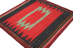 Vintage Sofreh Persian Kilim in Red with Teal and Black Pattern - by Rug & Kilim