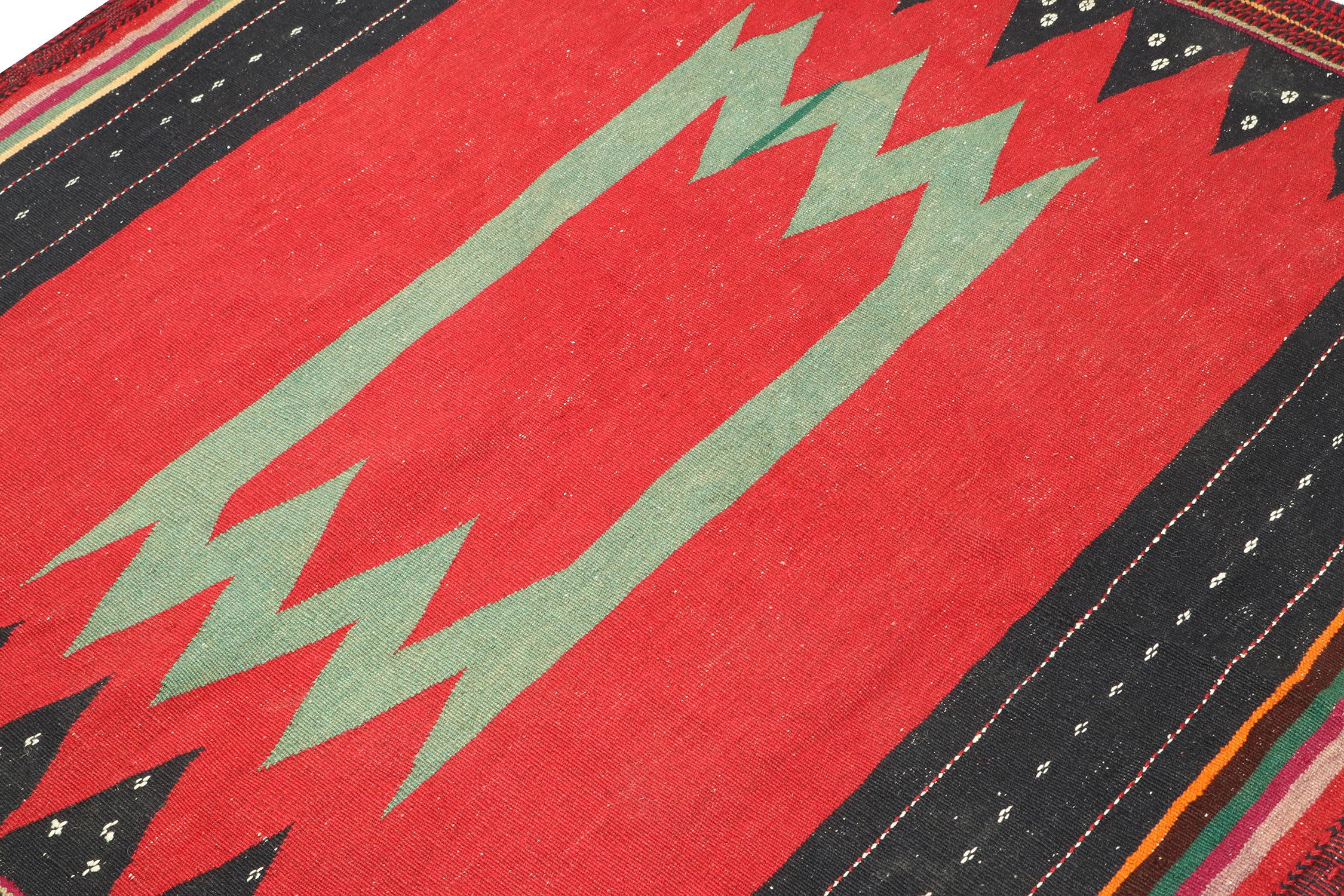 Hand-Knotted Vintage Sofreh Persian Kilim in Red with Teal and Black Pattern - by Rug & Kilim For Sale