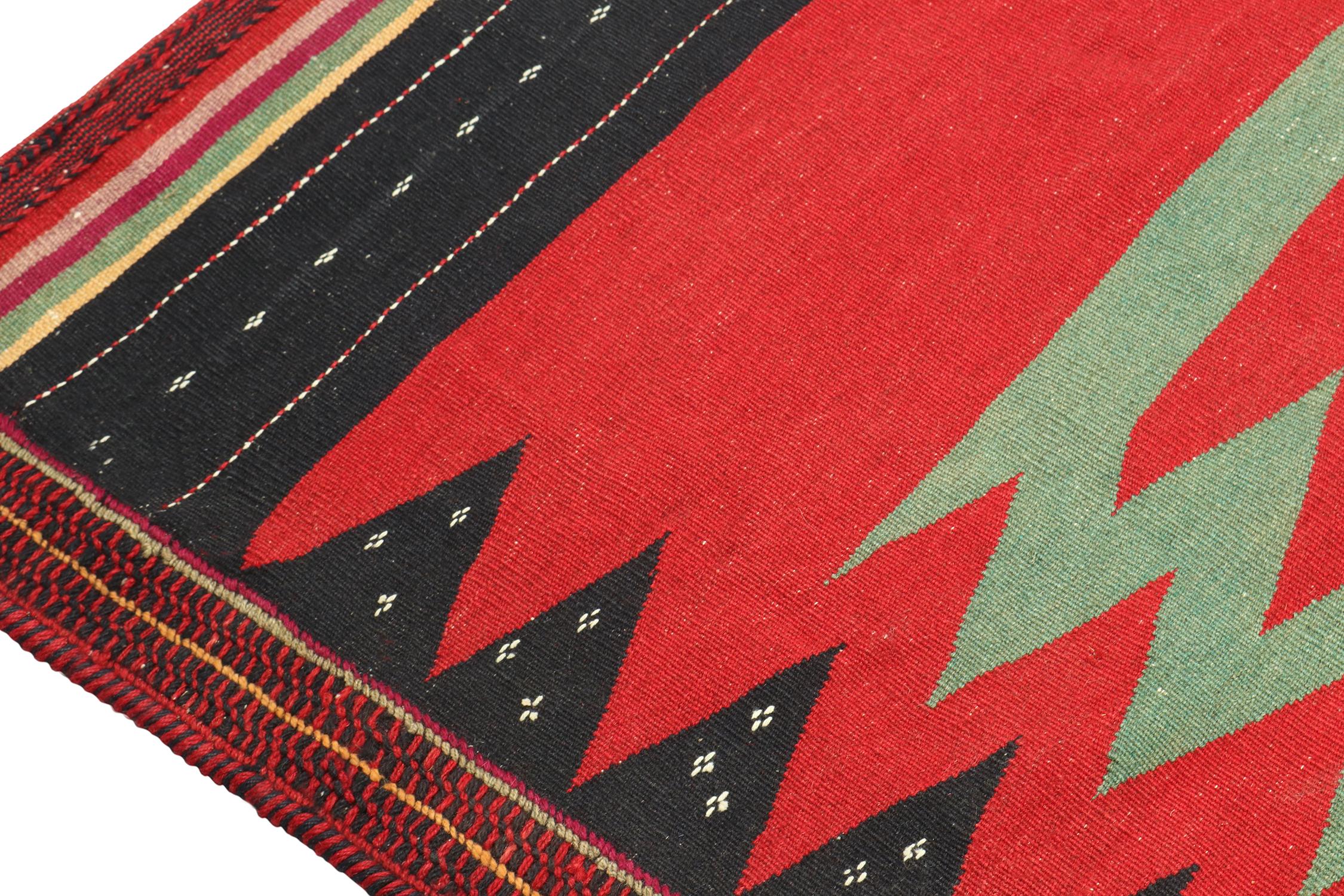 Vintage Sofreh Persian Kilim in Red with Teal and Black Pattern - by Rug & Kilim In Good Condition For Sale In Long Island City, NY