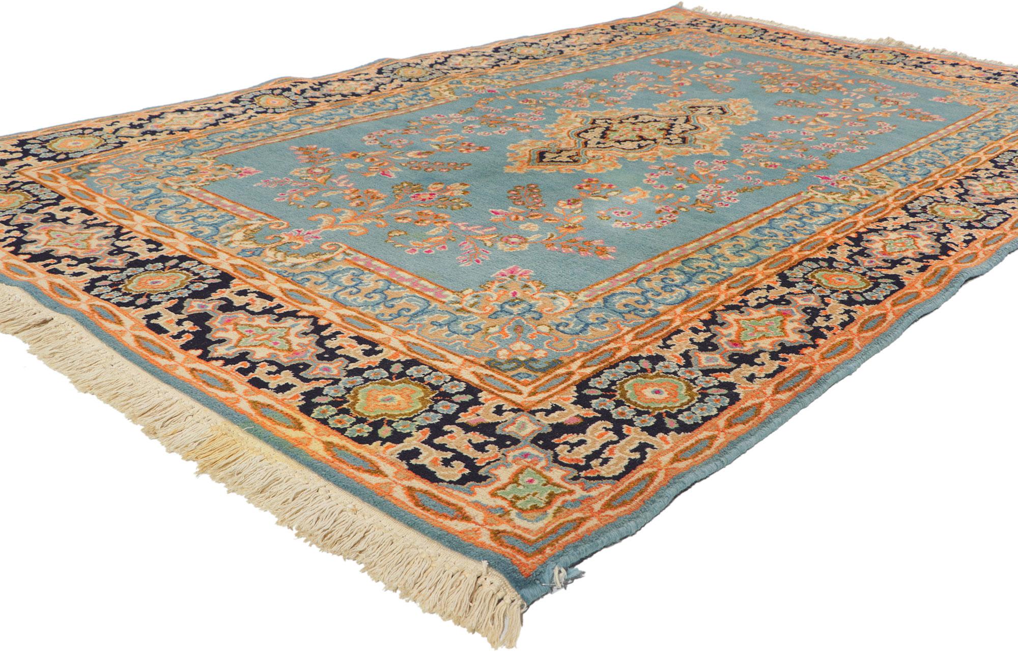 77514 vintage Persian Blue Kerman rug with Romantic English Country Charm. With a Classic floral pattern and traditional design aesthetic, this hand-knotted wool vintage Persian Kerman rug beautifully highlights romantic English Country Cottage