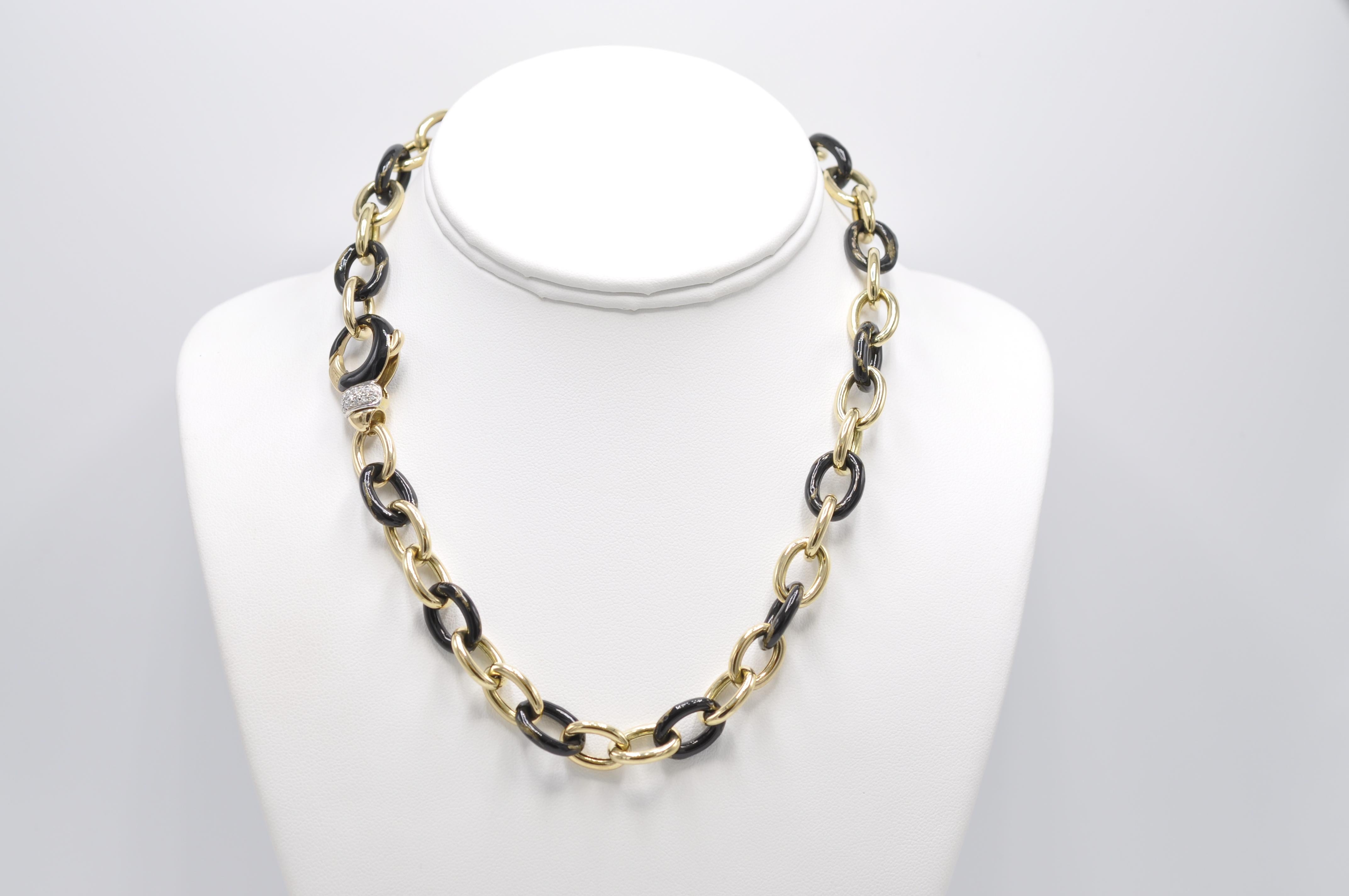 18k SOHO Foliage 17 inch Black  and Yellow Enamel and Yellow Link Necklace. The piece is stamped Italy, SOHO 
Diamond Accented Clasp.    Italian Made, this is a pre-owned piece in excellent shape.  Just refinished in Italy.  .20CTW Diamonds in the