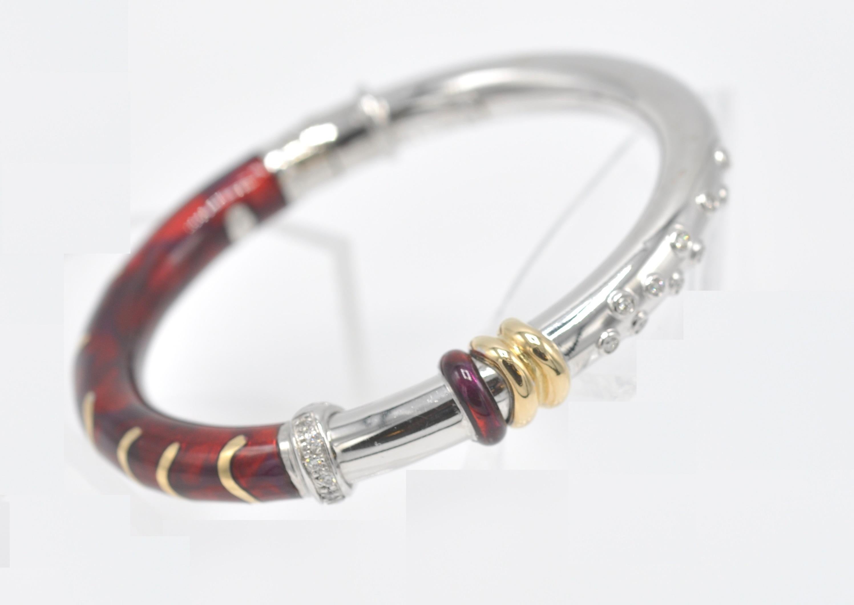 Contemporary Soho Red Enamel Bangle Bracelet with Accent Diamonds