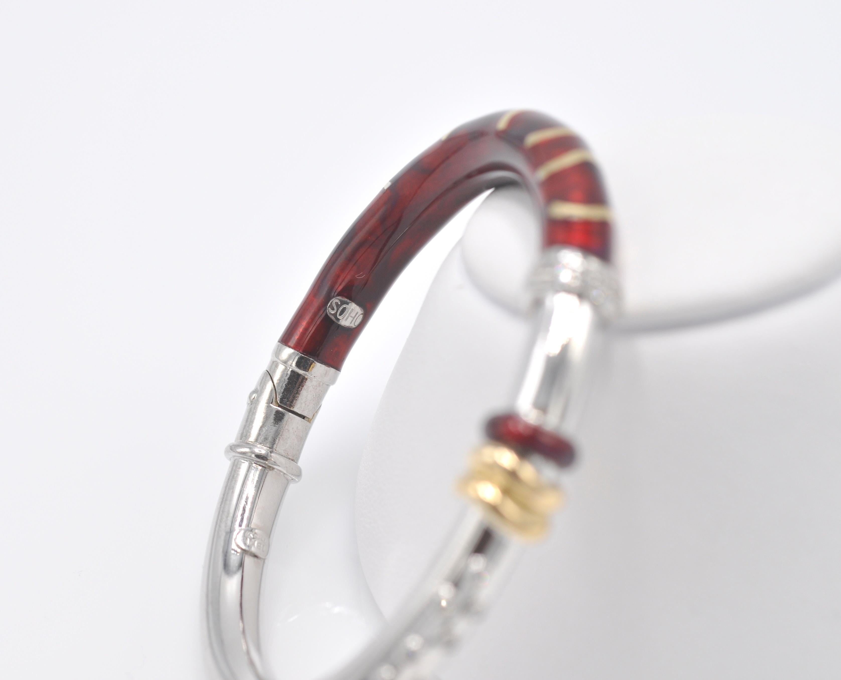 Round Cut Soho Red Enamel Bangle Bracelet with Accent Diamonds