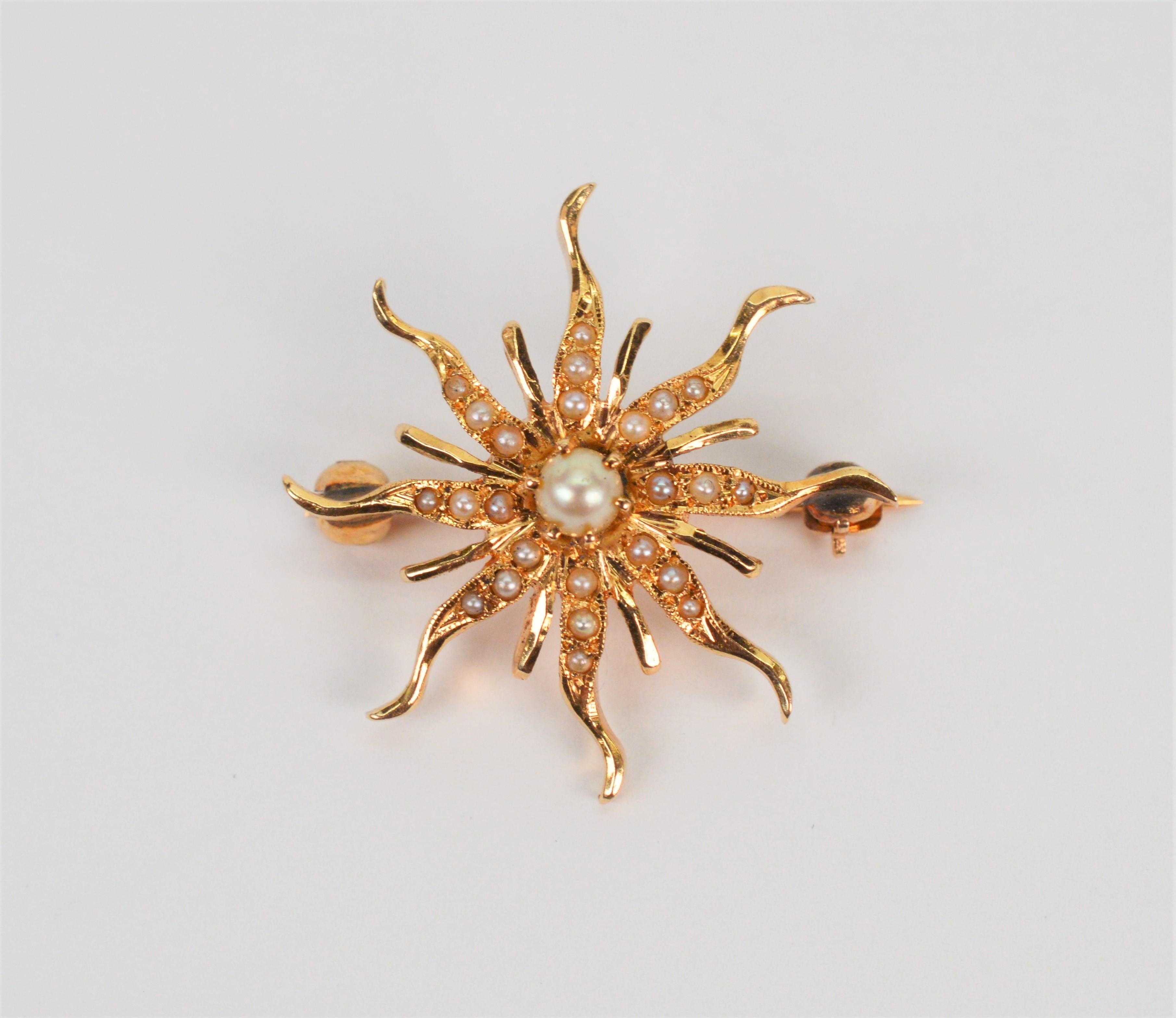 Vintage Solar Brooch Pendant Pin Charm 14K Yellow Gold Necklace w Pearl Accents  For Sale 5