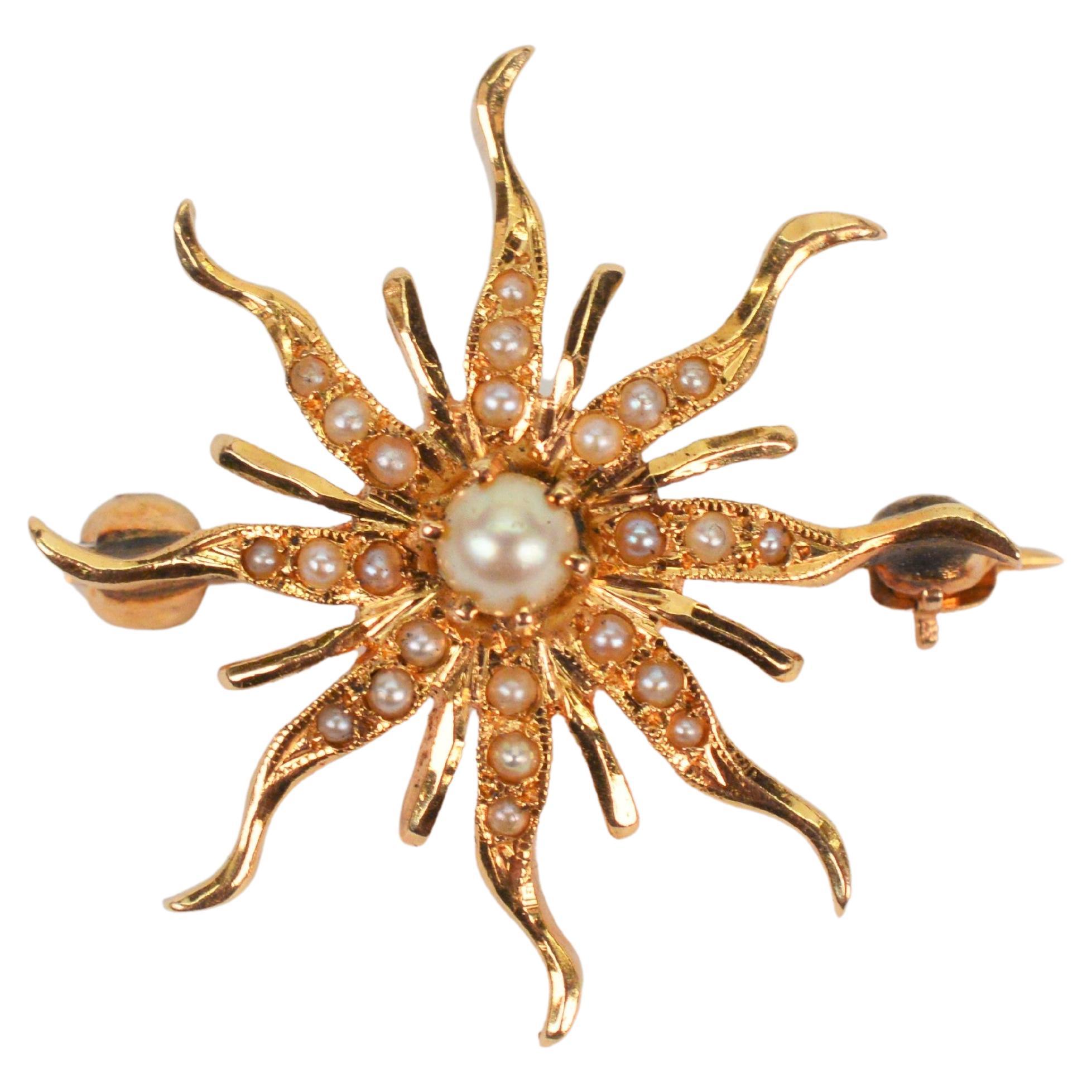 Vintage Solar Brooch Pendant Pin Charm 14K Yellow Gold Necklace w Pearl Accents  For Sale