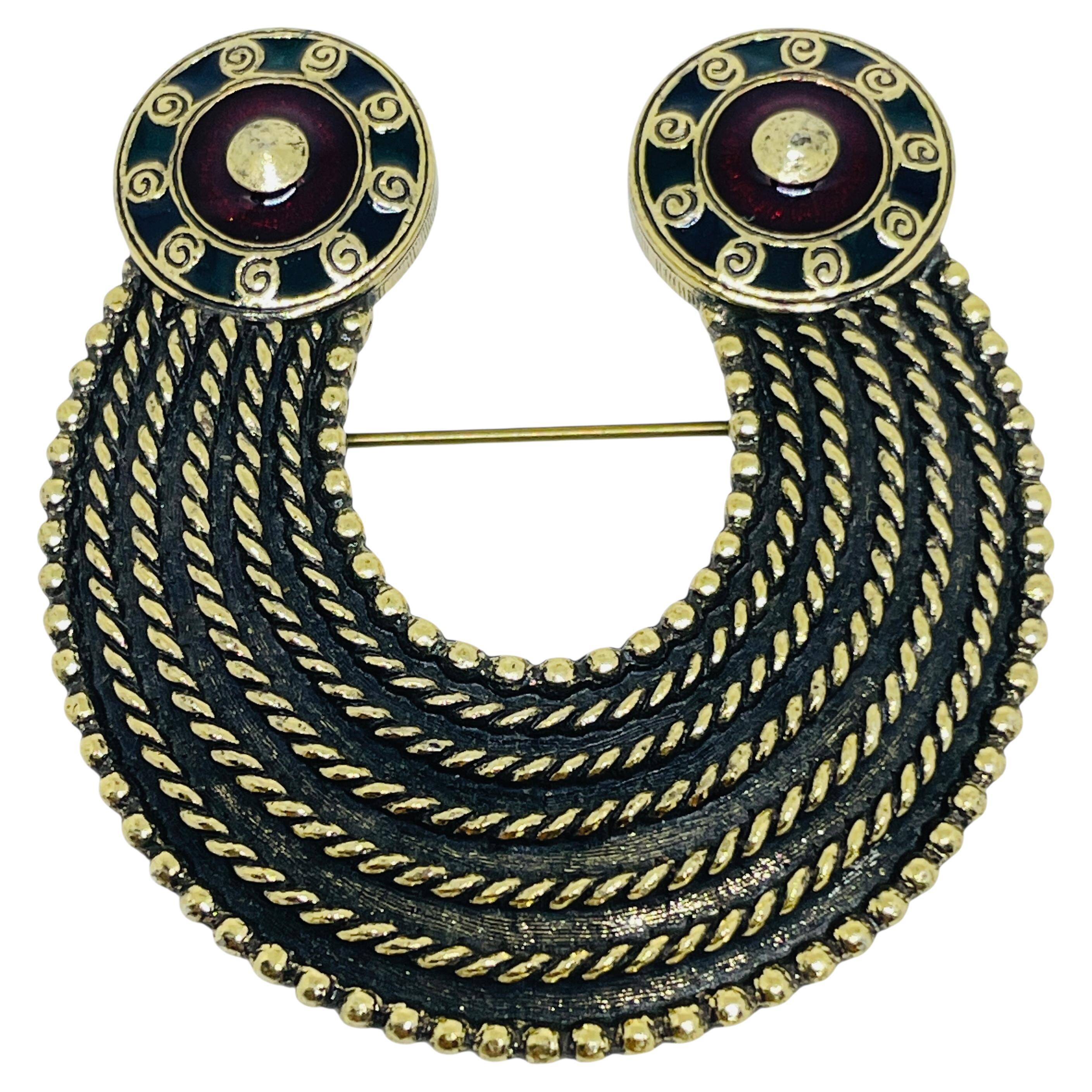 Vintage SOLDOR signed gold tone red enamel designer brooch