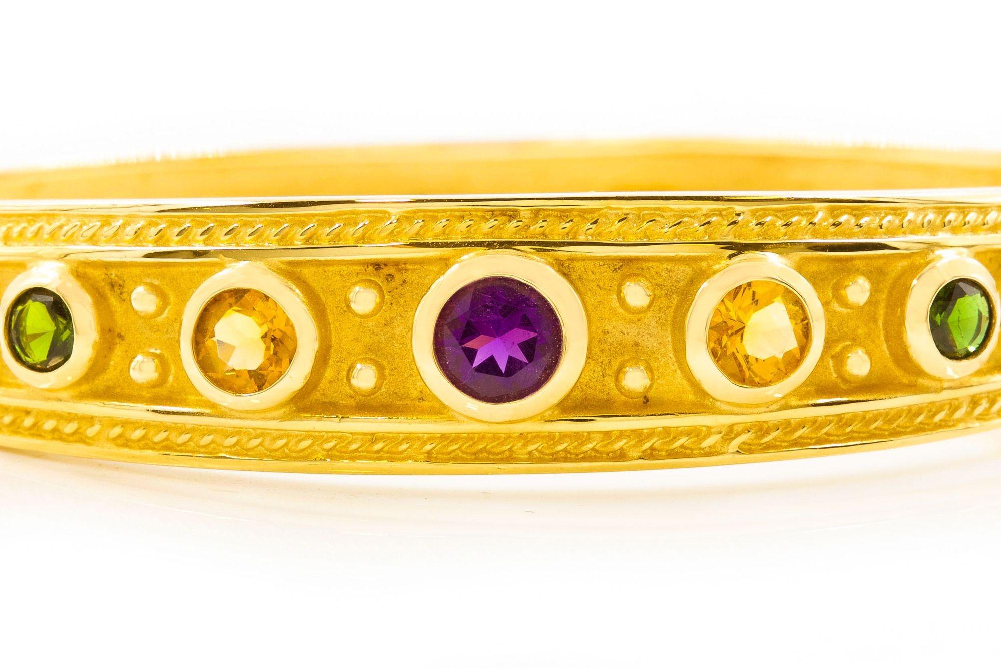 Vintage Solid 14k Gold Bangle Bracelet with Amethyst, Tourmaline and Beryl In Good Condition For Sale In Shippensburg, PA