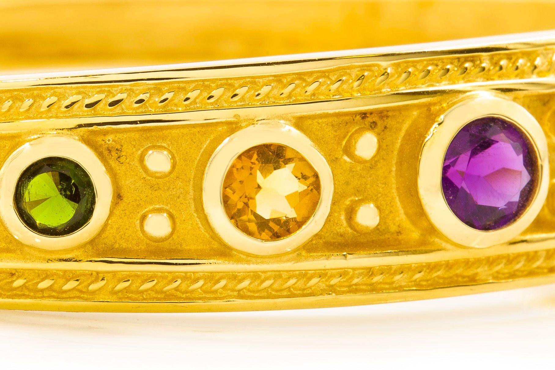 20th Century Vintage Solid 14k Gold Bangle Bracelet with Amethyst, Tourmaline and Beryl For Sale