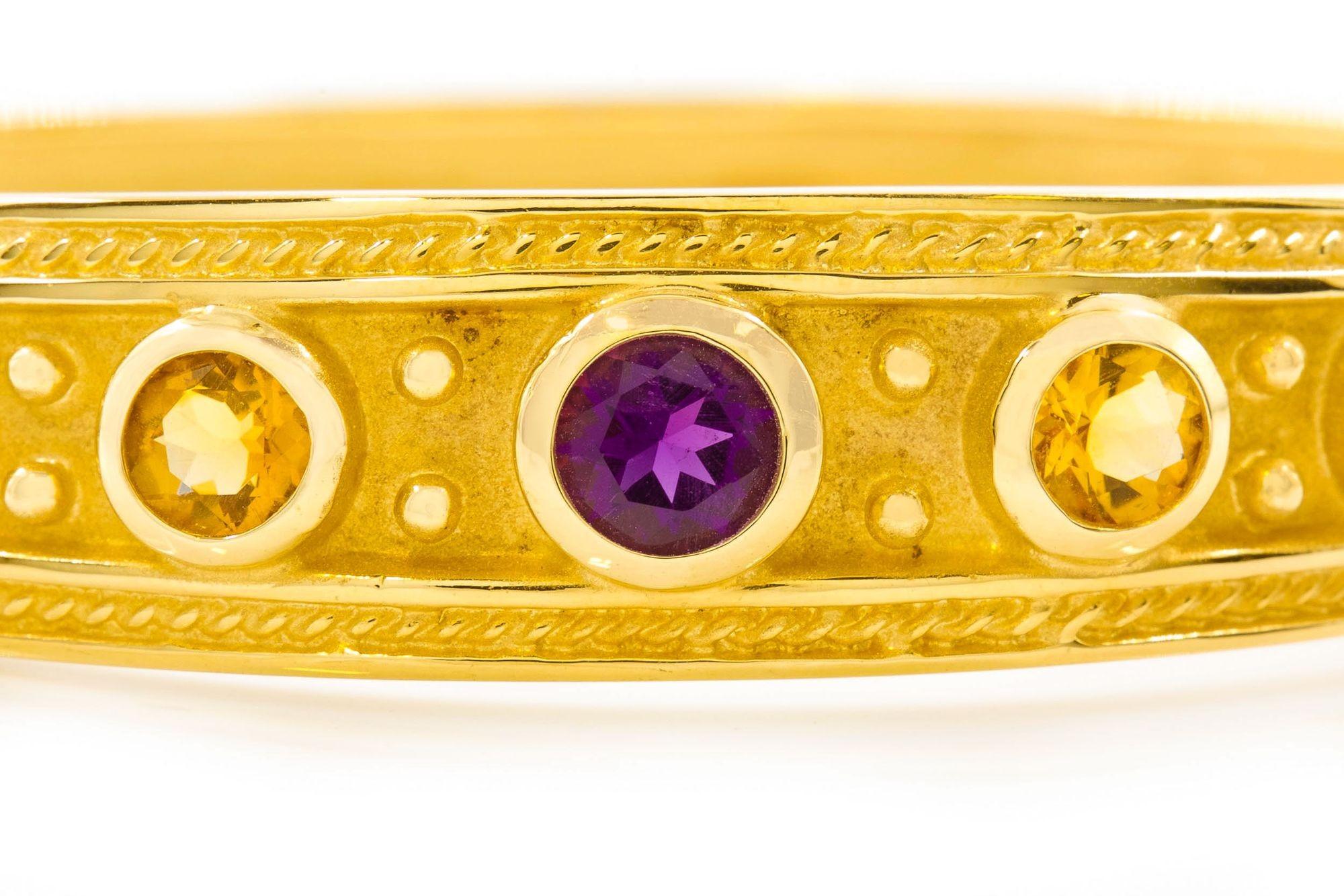 Vintage Solid 14k Gold Bangle Bracelet with Amethyst, Tourmaline and Beryl For Sale 1