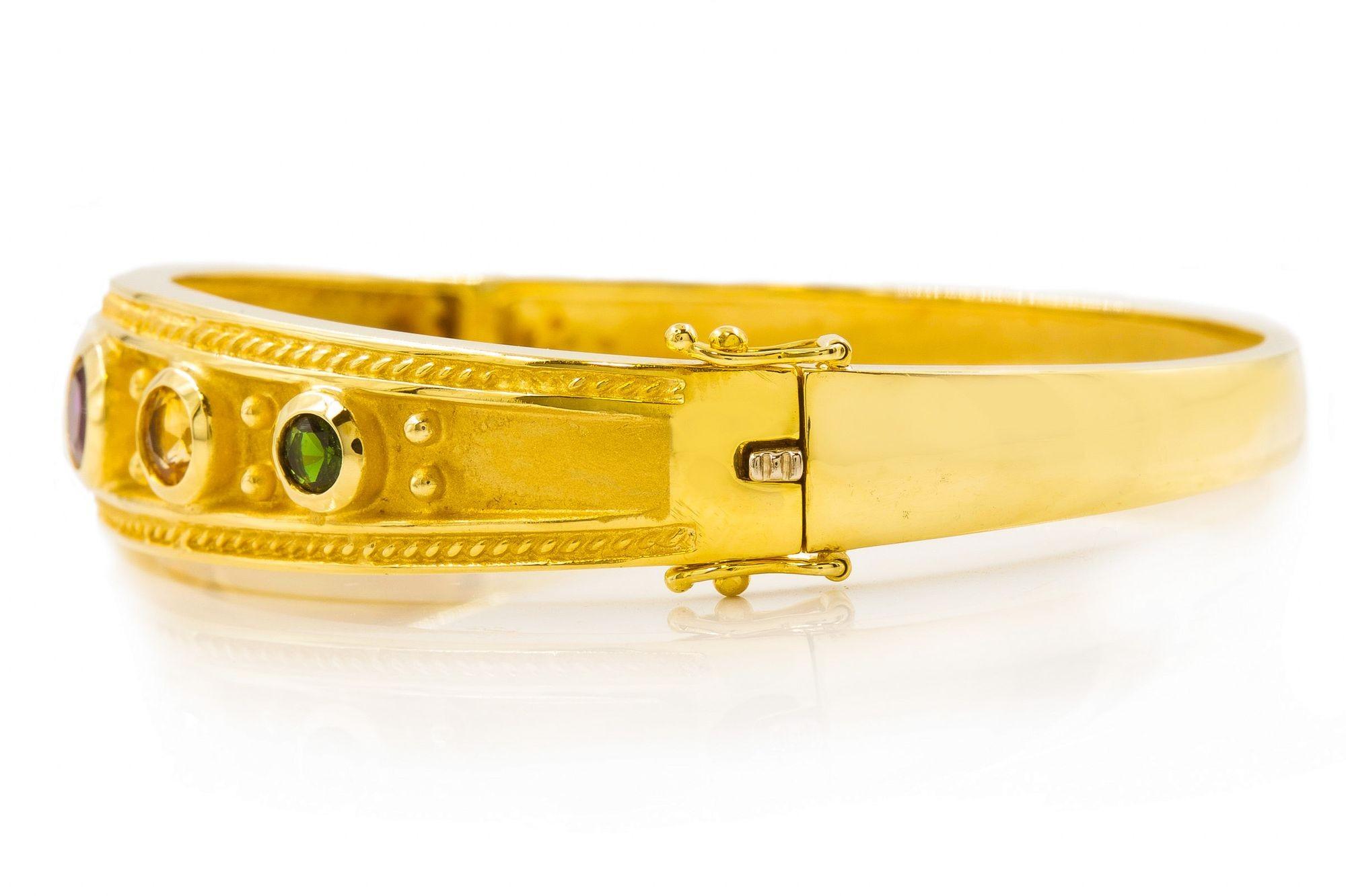 Vintage Solid 14k Gold Bangle Bracelet with Amethyst, Tourmaline and Beryl For Sale 3