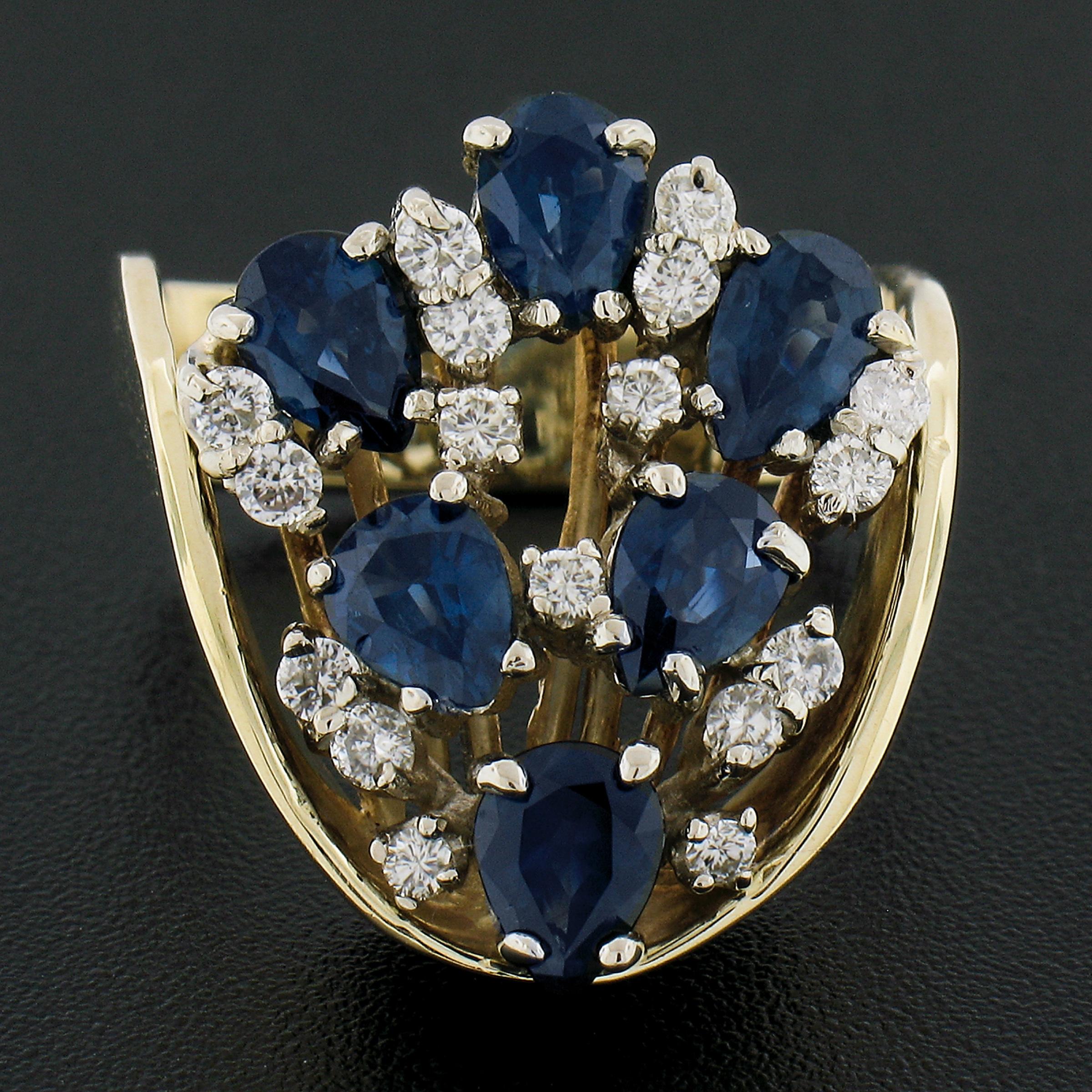 Pear Cut Vintage Solid 14K Two Tone Gold 2.70ctw Pear Sapphire & Diamond Cocktail Ring For Sale