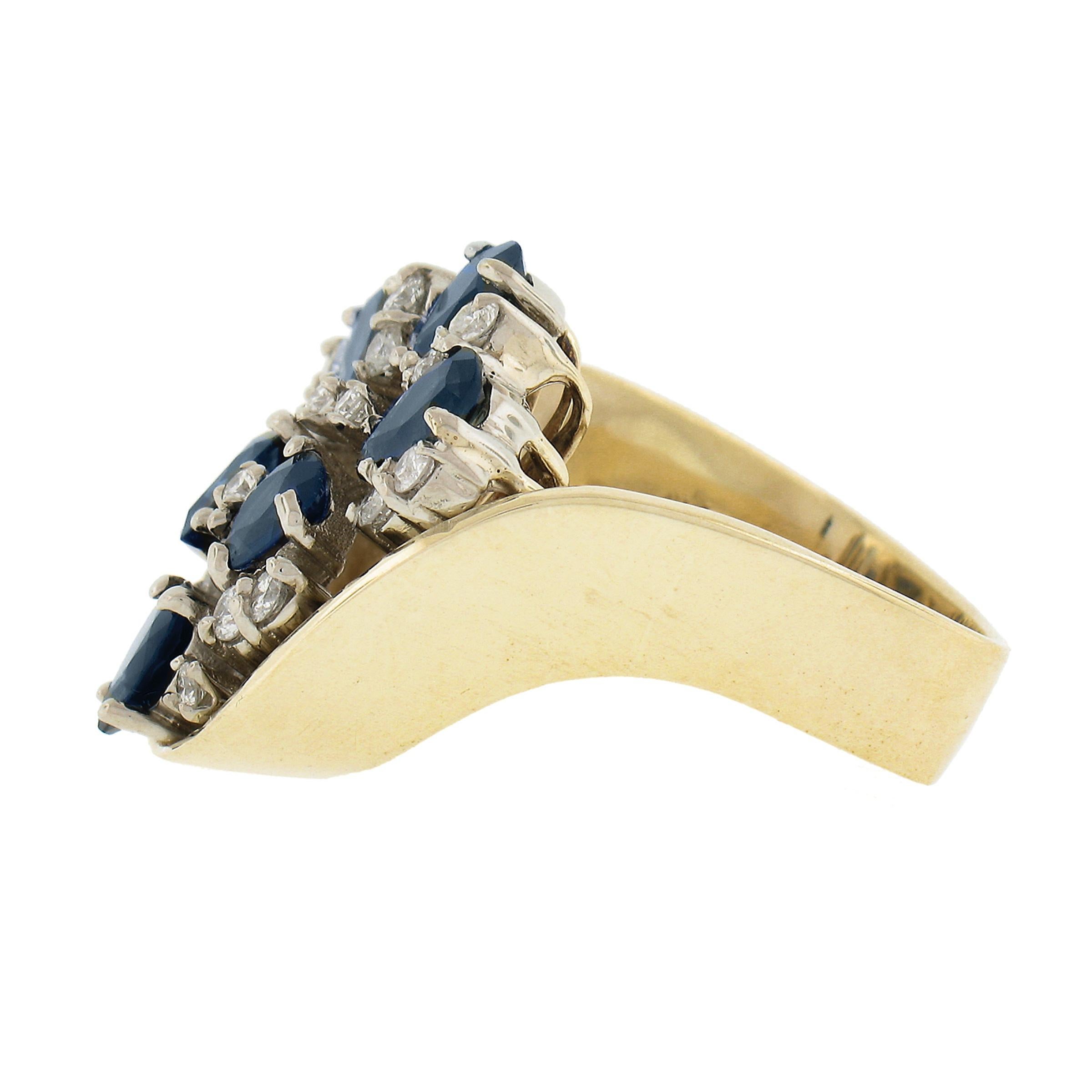 Vintage Solid 14K Two Tone Gold 2.70ctw Pear Sapphire & Diamond Cocktail Ring For Sale 1