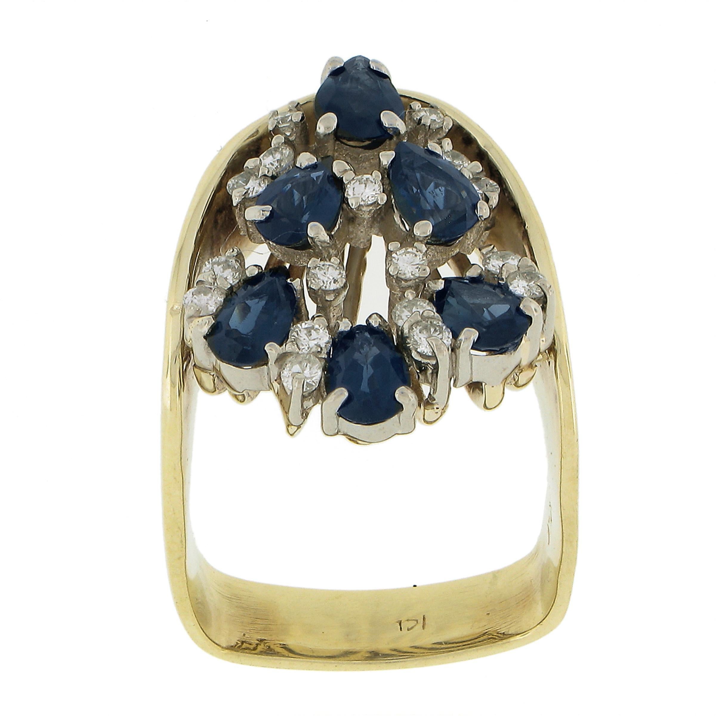 Vintage Solid 14K Two Tone Gold 2.70ctw Pear Sapphire & Diamond Cocktail Ring For Sale 3