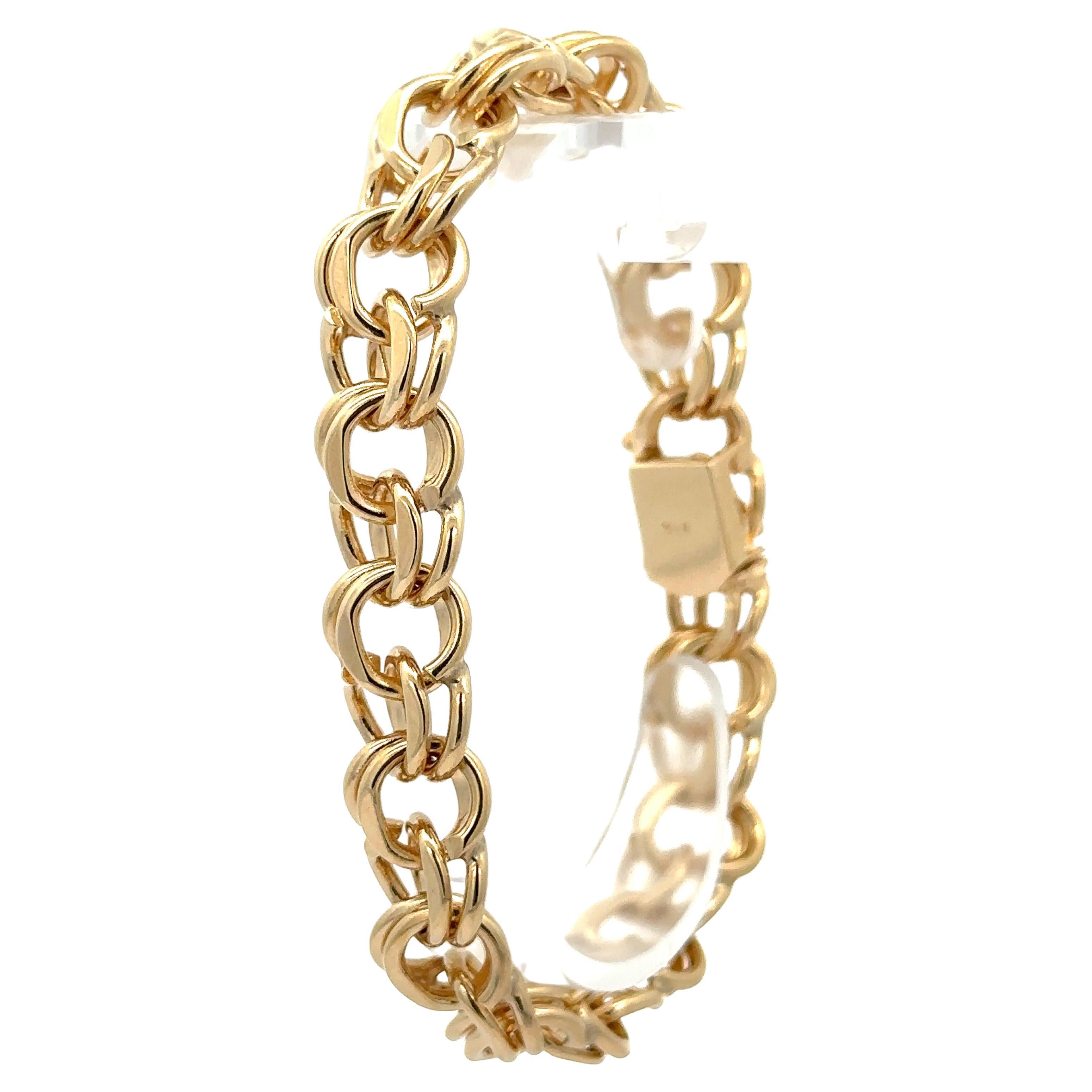 Vintage Solid 14K Yellow Gold 7.5" Polished Dual Curb Link Charm Chain Bracelet For Sale