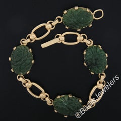 Vintage Solid 14k Yellow Gold Carved Floral Nephrite Jade & Chain Bracelet