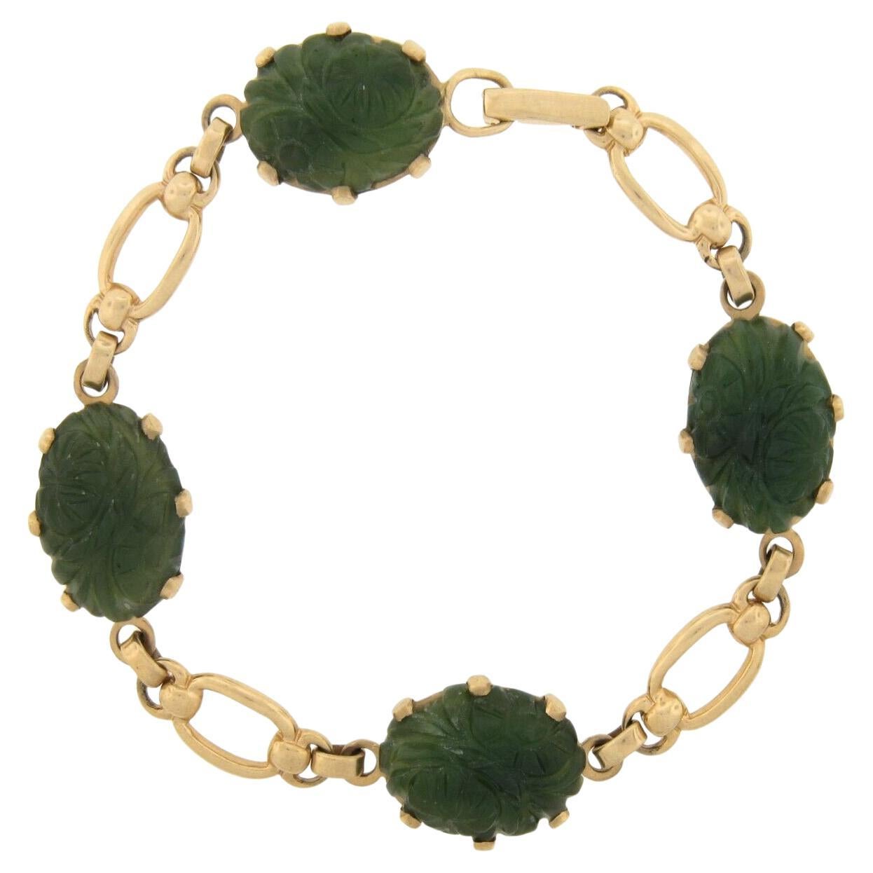 Vintage Solid 14k Gelbgold geschnitzt floralen Nephrit Jade & Kette Armband im Angebot