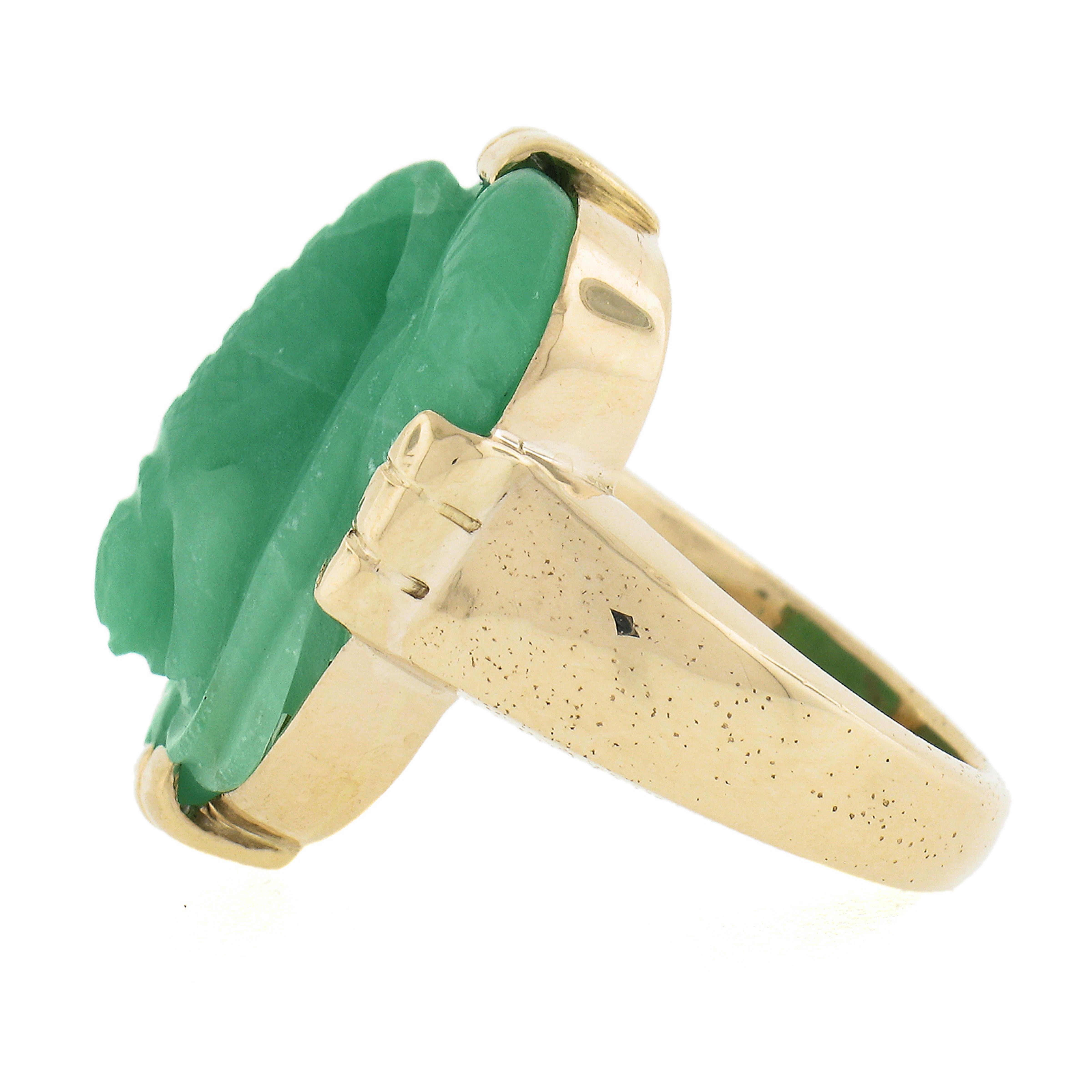 Vintage Solid 14k Yellow Gold Carved Jade Lizard / Salamander Cocktail Ring For Sale 2