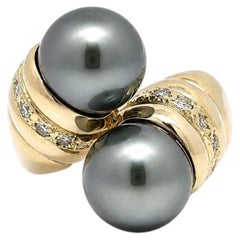 Vintage Solid 14k Yellow Gold Tahitian Gray Pearls Diamond Bypass Ring