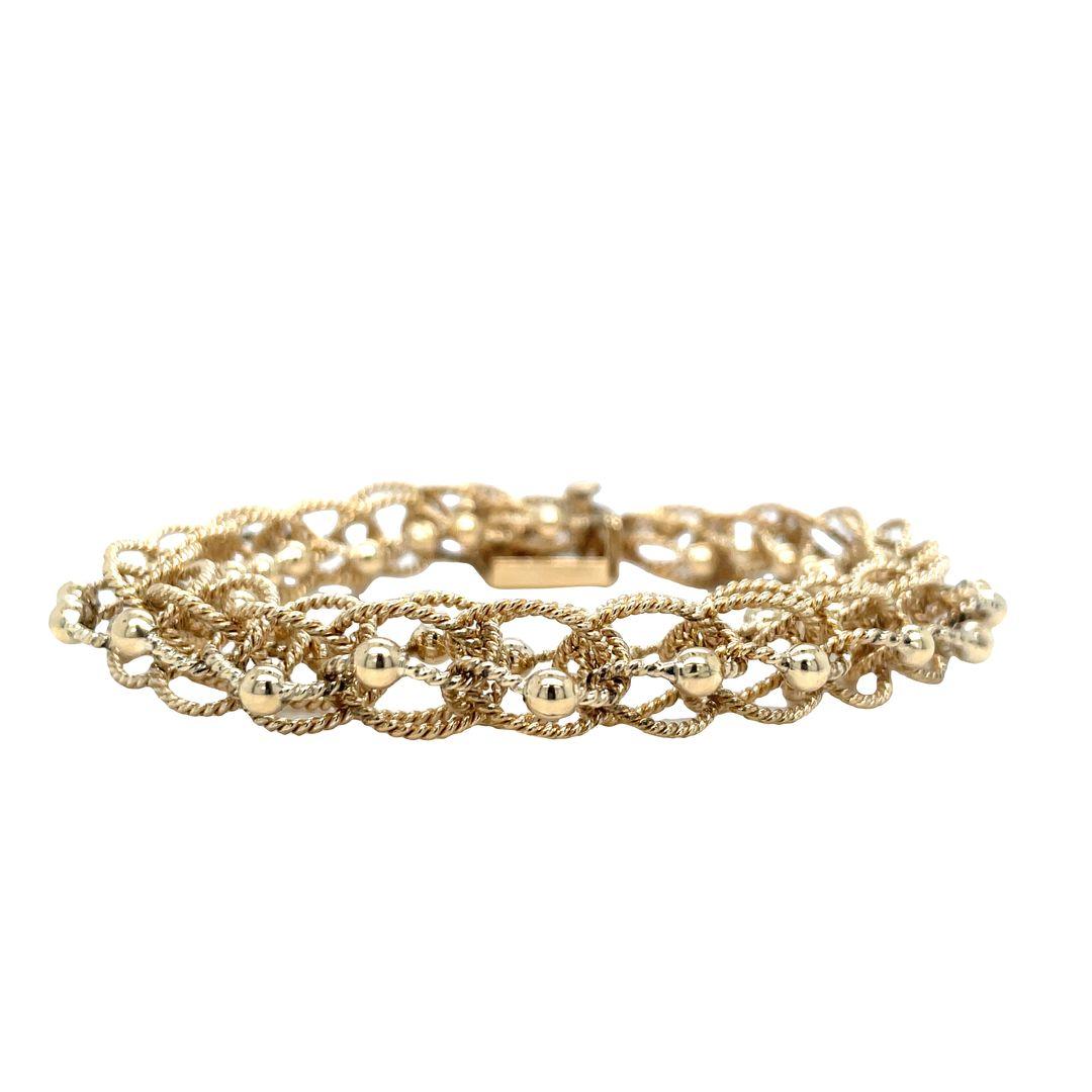 Vintage Solid 14K Yellow Gold Twisted Rope Woven Link Charm Bracelet In Excellent Condition For Sale In beverly hills, CA