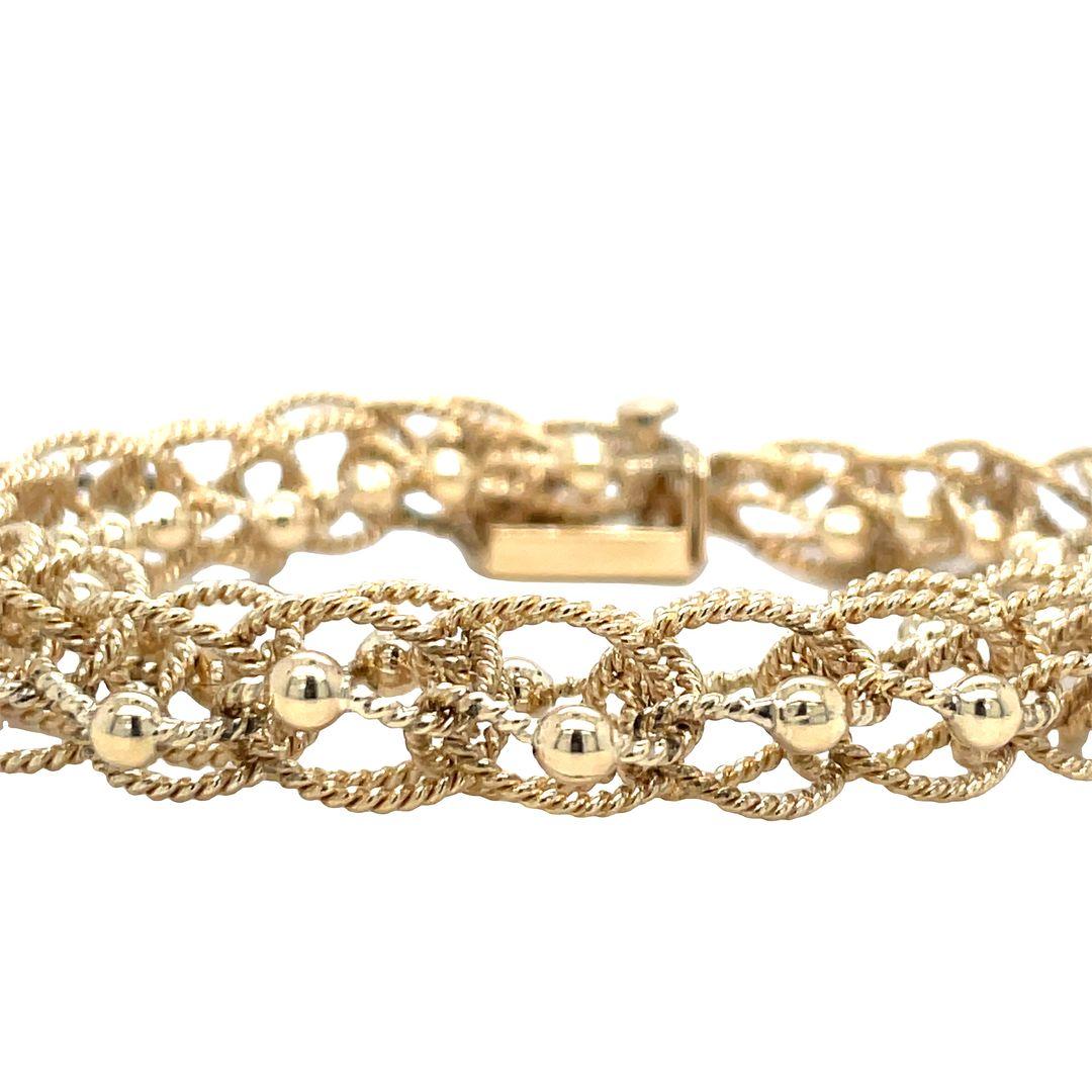 Women's Vintage Solid 14K Yellow Gold Twisted Rope Woven Link Charm Bracelet For Sale