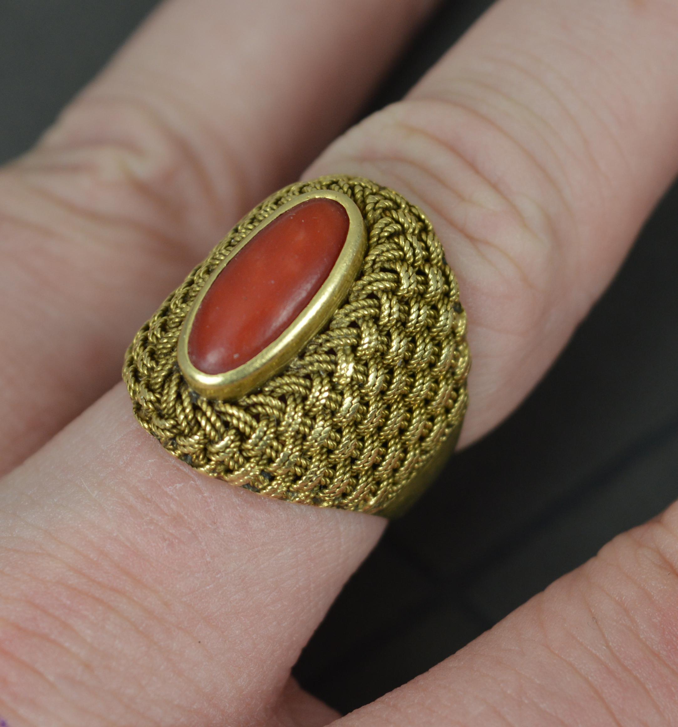 Oval Cut Vintage Solid 18 Carat Gold and Coral Solitaire Statement Ring