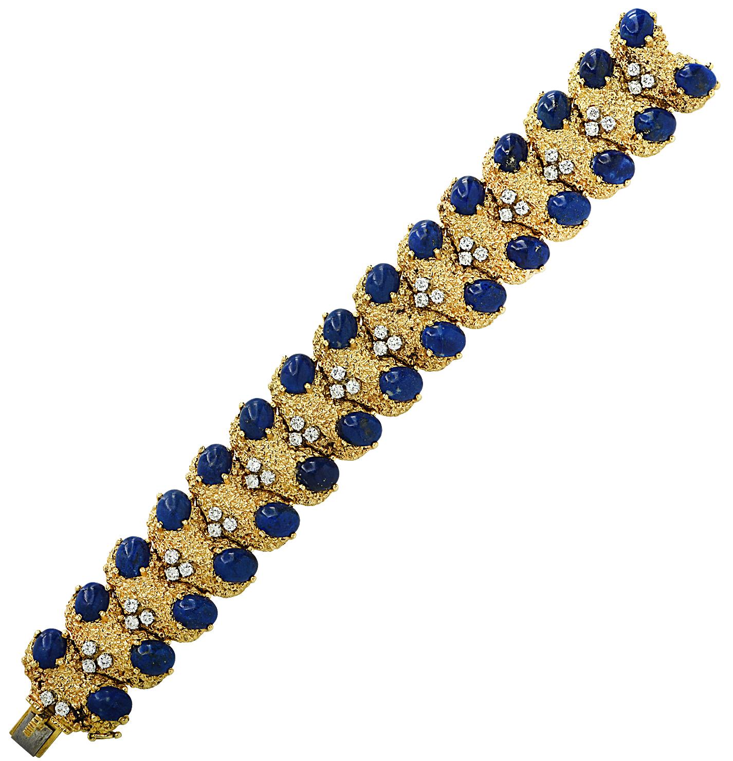 A remarkable vintage bracelet with an organic design. The bracelet arrangement is hinged together creating individuality with each matching piece. Made of 18 karat gold, with a textured design, circa 1970s, adorned with 30 lapis, 9 x 7 oval