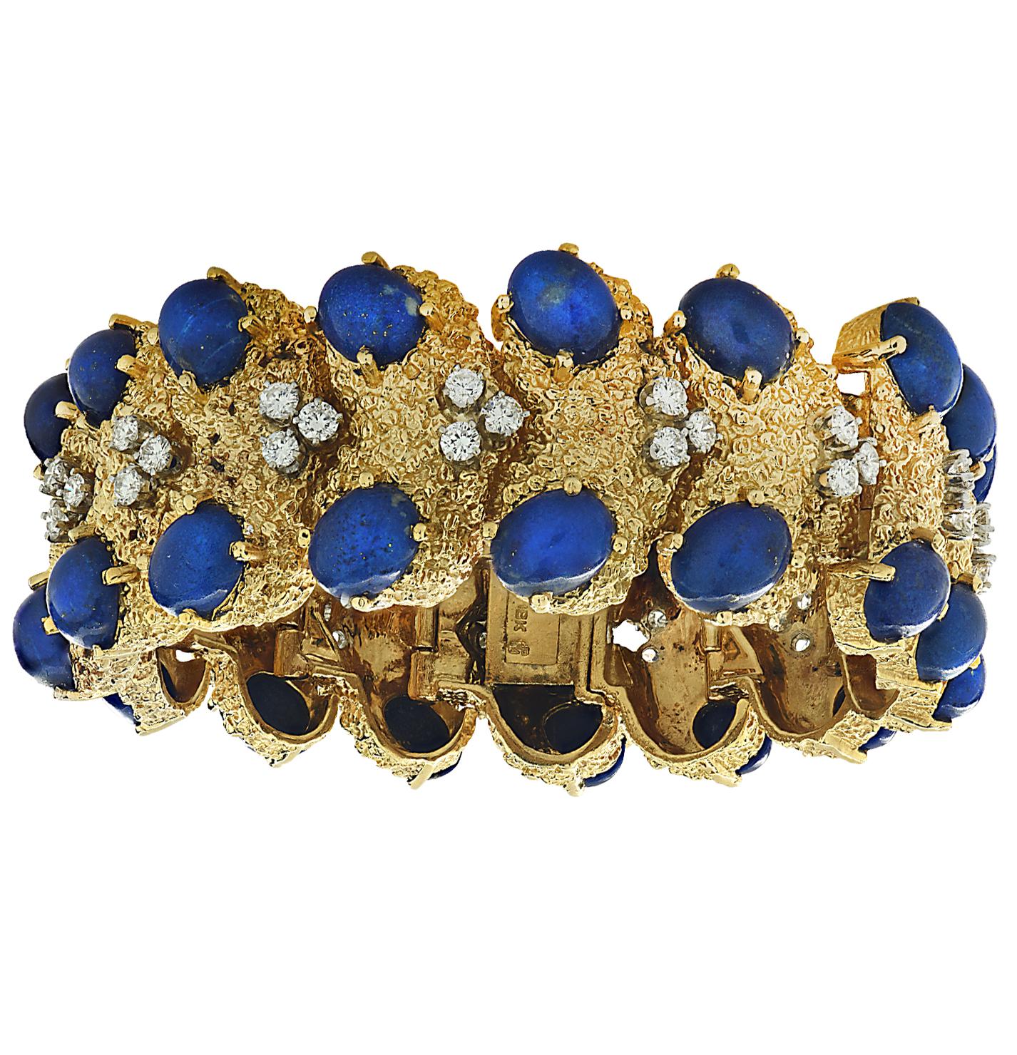 Modern Vintage Solid 18 Karat Yellow Gold Lapis and Diamond Bracelet