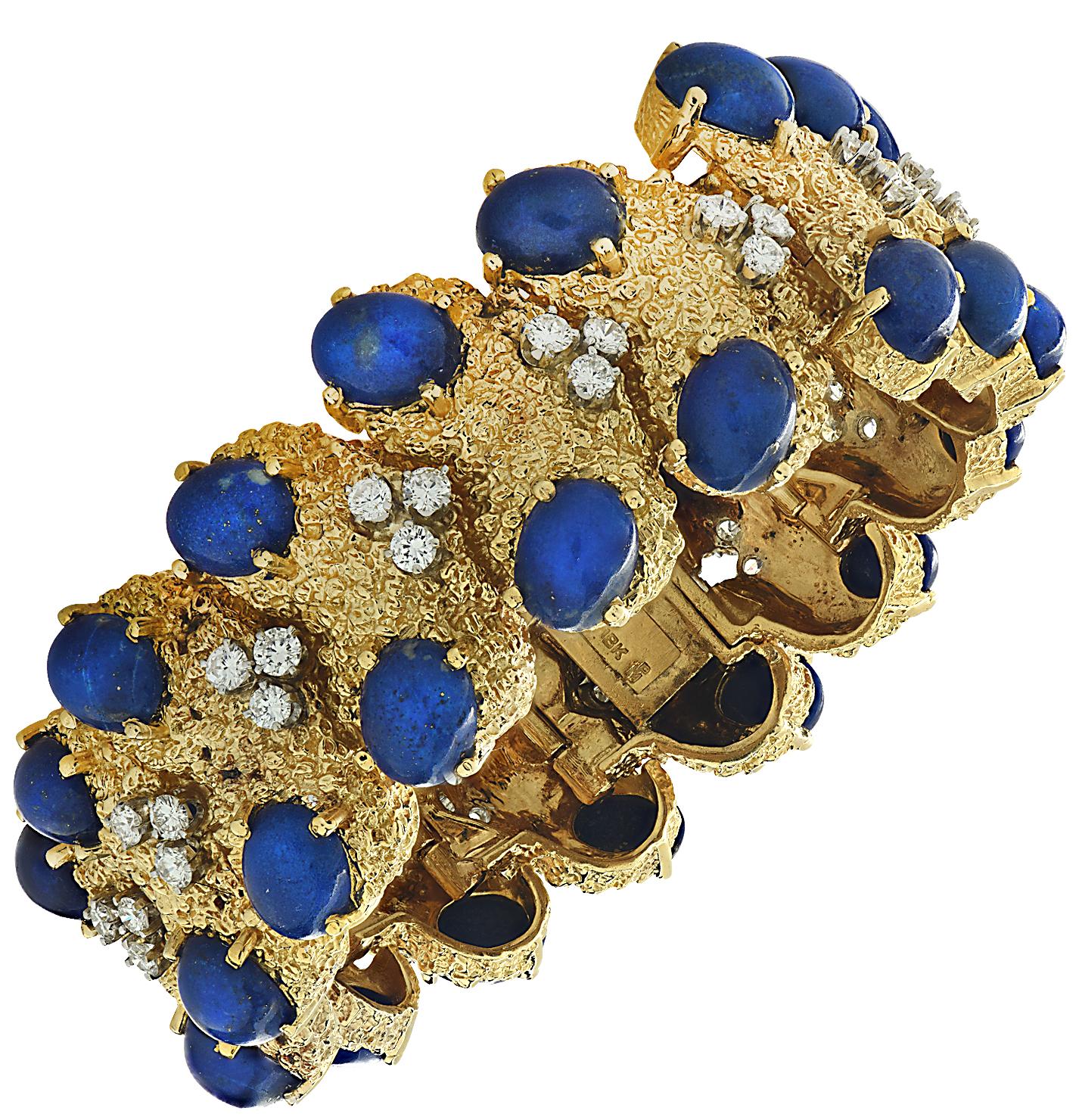 Women's Vintage Solid 18 Karat Yellow Gold Lapis and Diamond Bracelet