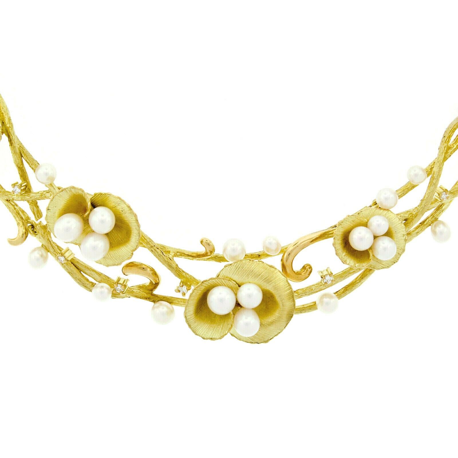 Oval Cut Vintage Solid 18k Gold Pearl Textured Flower & Diamond Statement Necklace