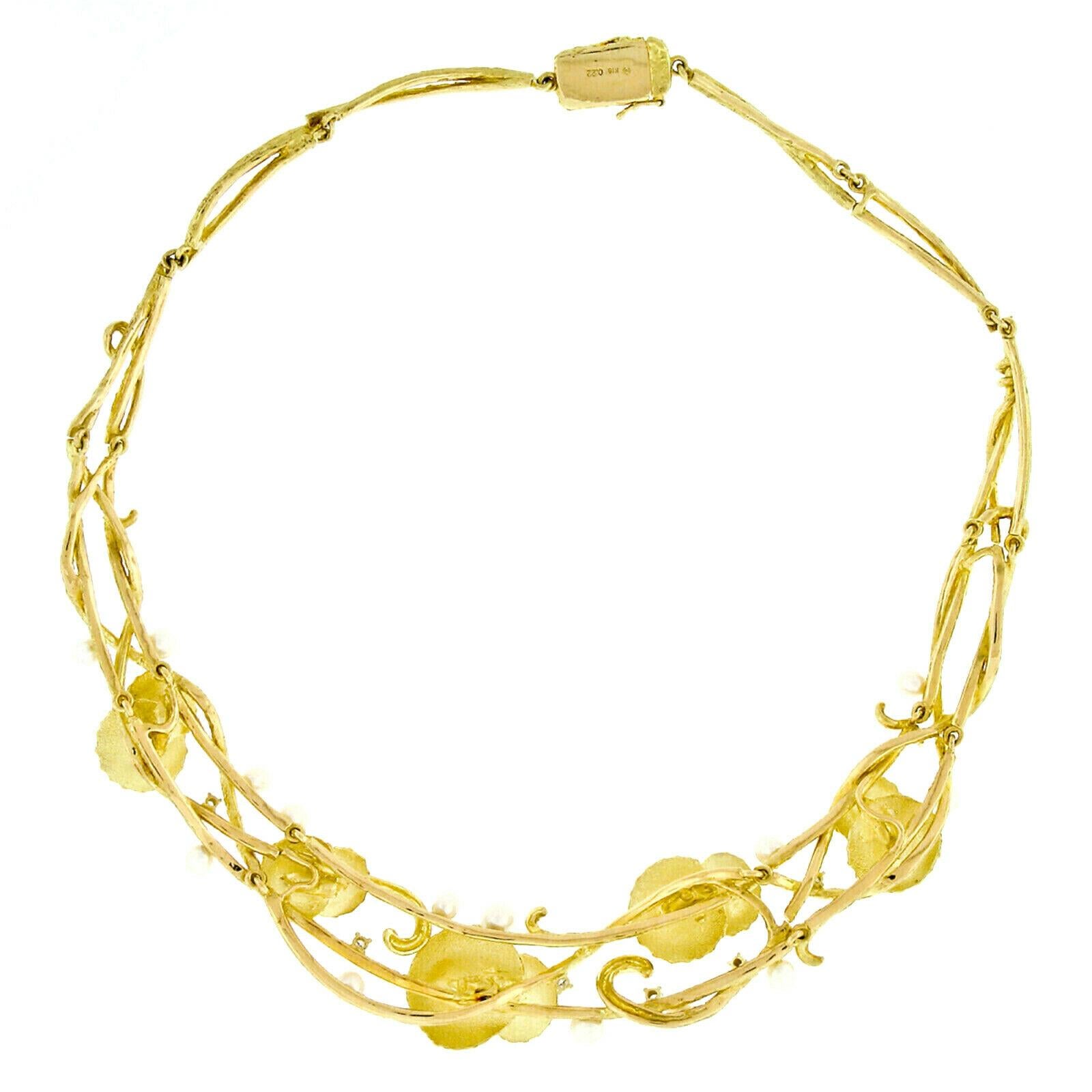 Vintage Solid 18k Gold Pearl Textured Flower & Diamond Statement Necklace 2