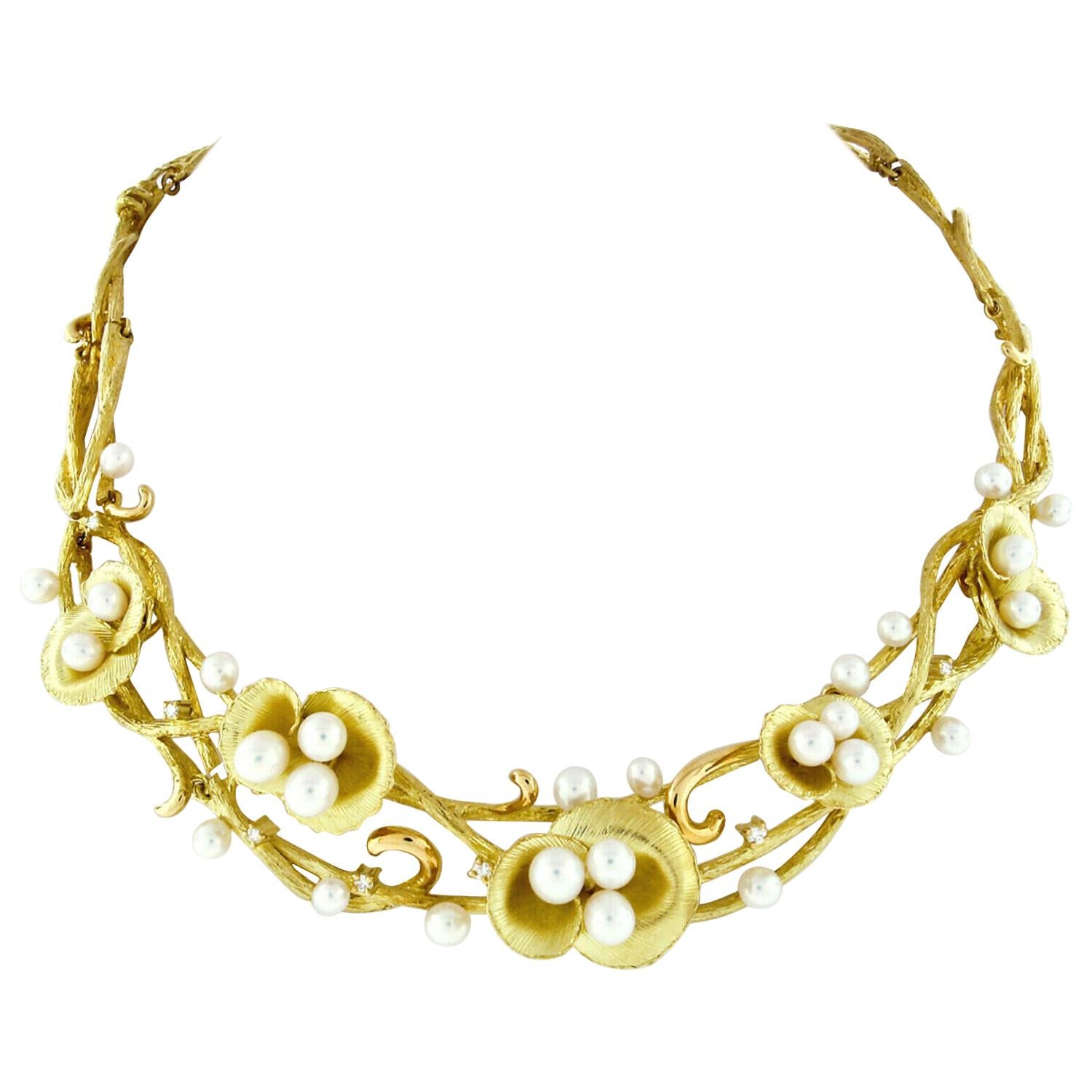 Vintage Solid 18k Gold Pearl Textured Flower & Diamond Statement Necklace