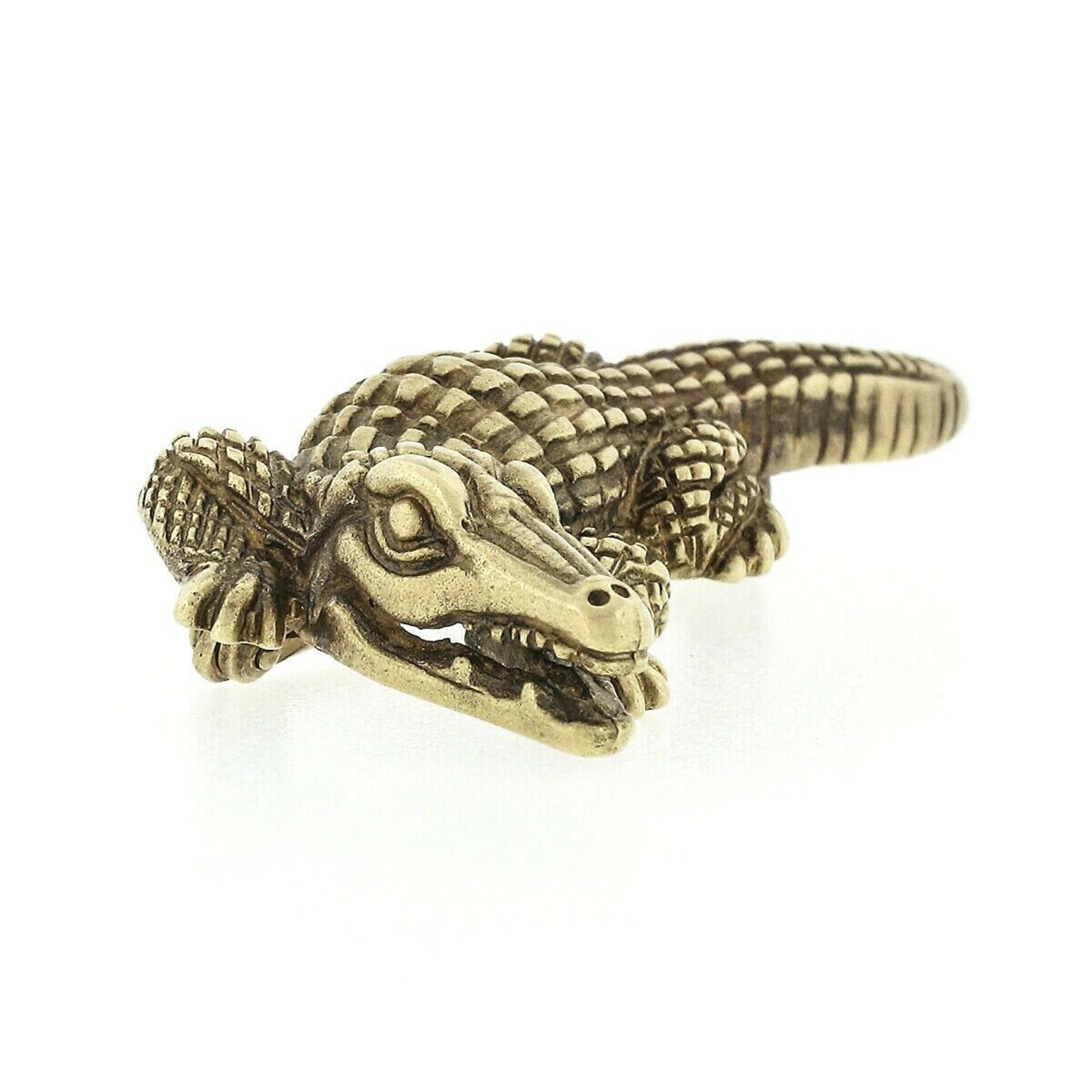 Vintage Solid 18k Green Gold 1988 Kieselstein Cord Detailed Alligator Brooch Pin In Good Condition In Montclair, NJ