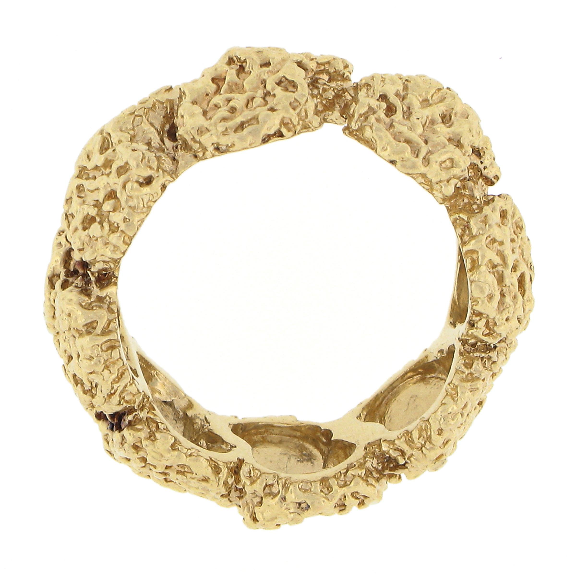 Vintage Solid 18k Yellow Gold 10.3mm Nugget Textured Eternity Wide Band Ring For Sale 2