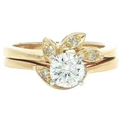 Vintage Solid 18k Yellow Gold .64ctw Diamond Band & Engagement Floral Ring Set