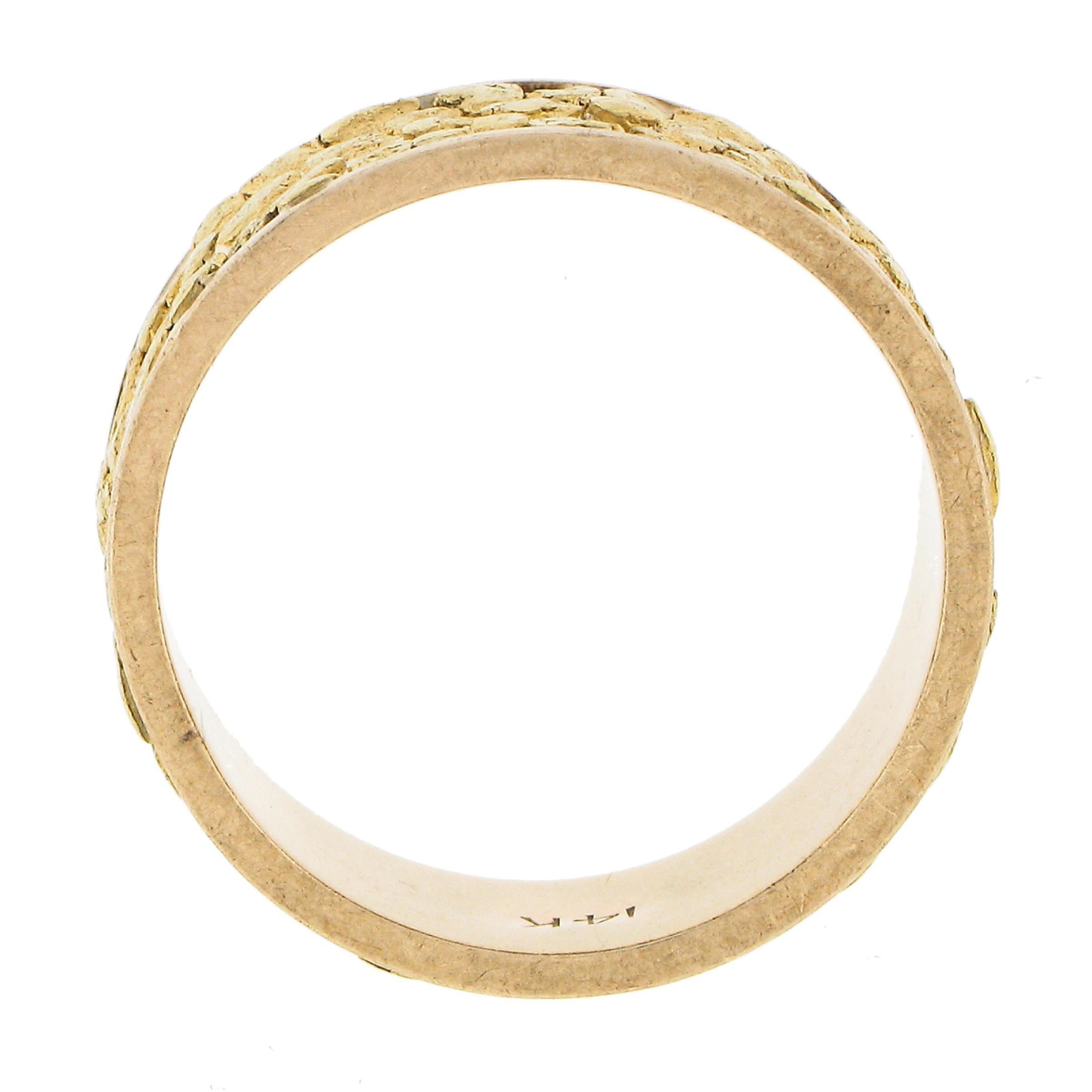 Vintage Solid 18k Yellow Gold 7.9mm Nugget Textured Eternity Wide Band Ring For Sale 2