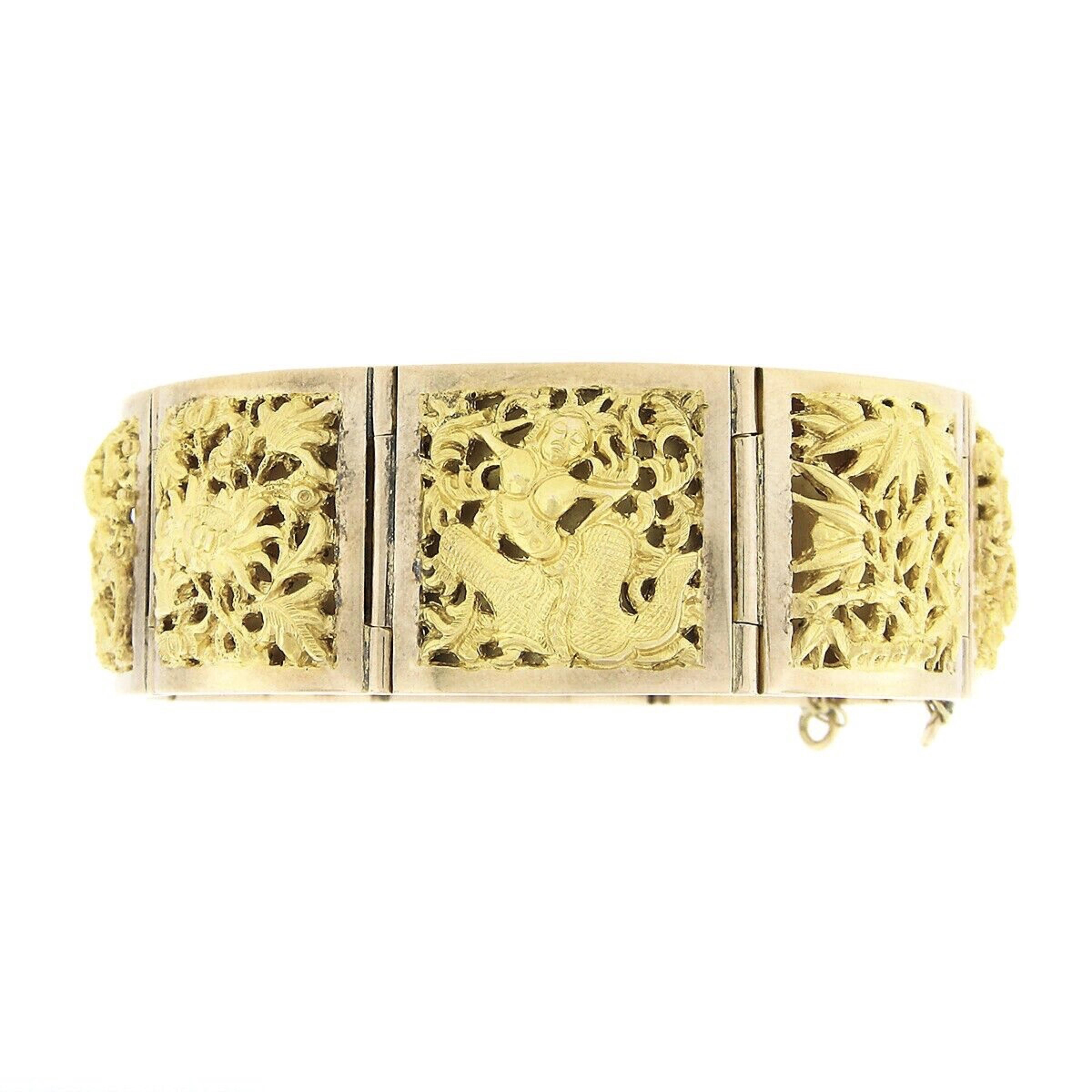 Women's Vintage Solid 18k Yellow Gold Nautical Themed Hinged Square Panel Link Bracelet For Sale