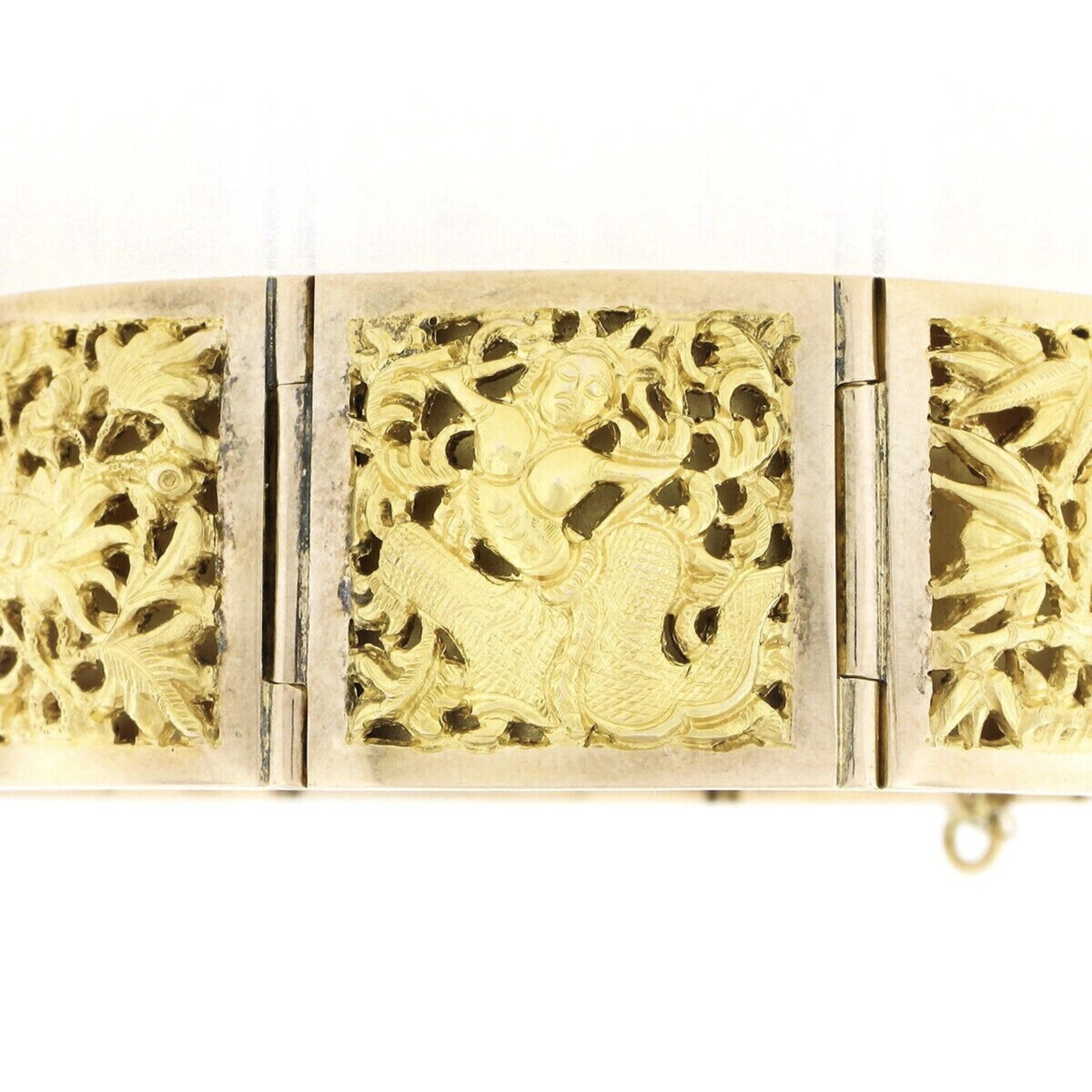 Vintage Solid 18k Yellow Gold Nautical Themed Hinged Square Panel Link Bracelet For Sale 1