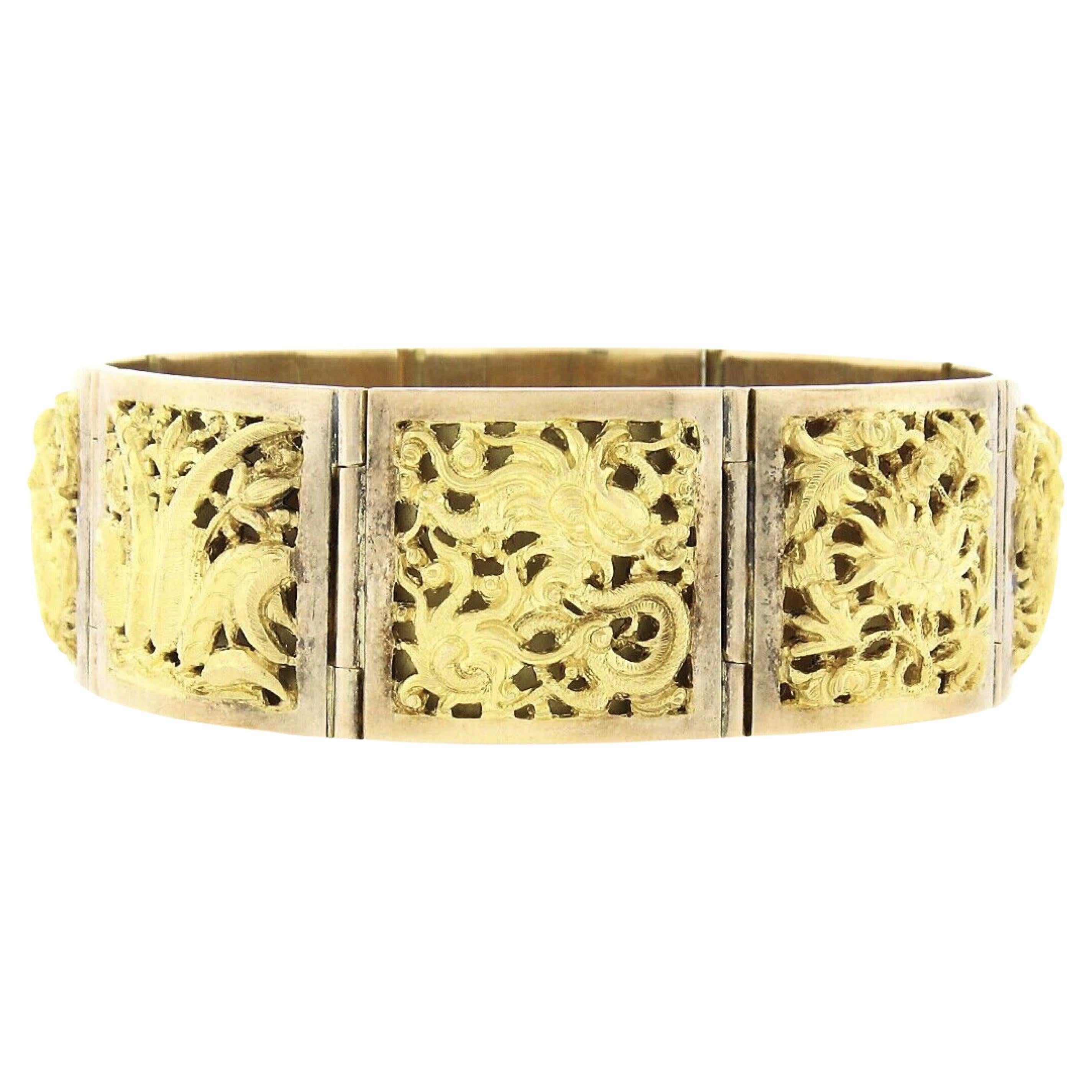 Vintage Solid 18k Yellow Gold Nautical Themed Hinged Square Panel Link Bracelet