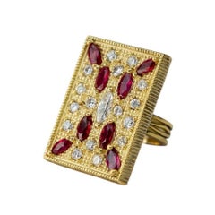 Vintage Solid 18k Yellow Gold Red Ruby & Diamond Byzantine Cocktail Ring
