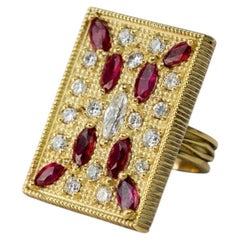 Vintage Solid 18k Yellow Gold Red Ruby & Diamond Byzantine Cocktail Ring