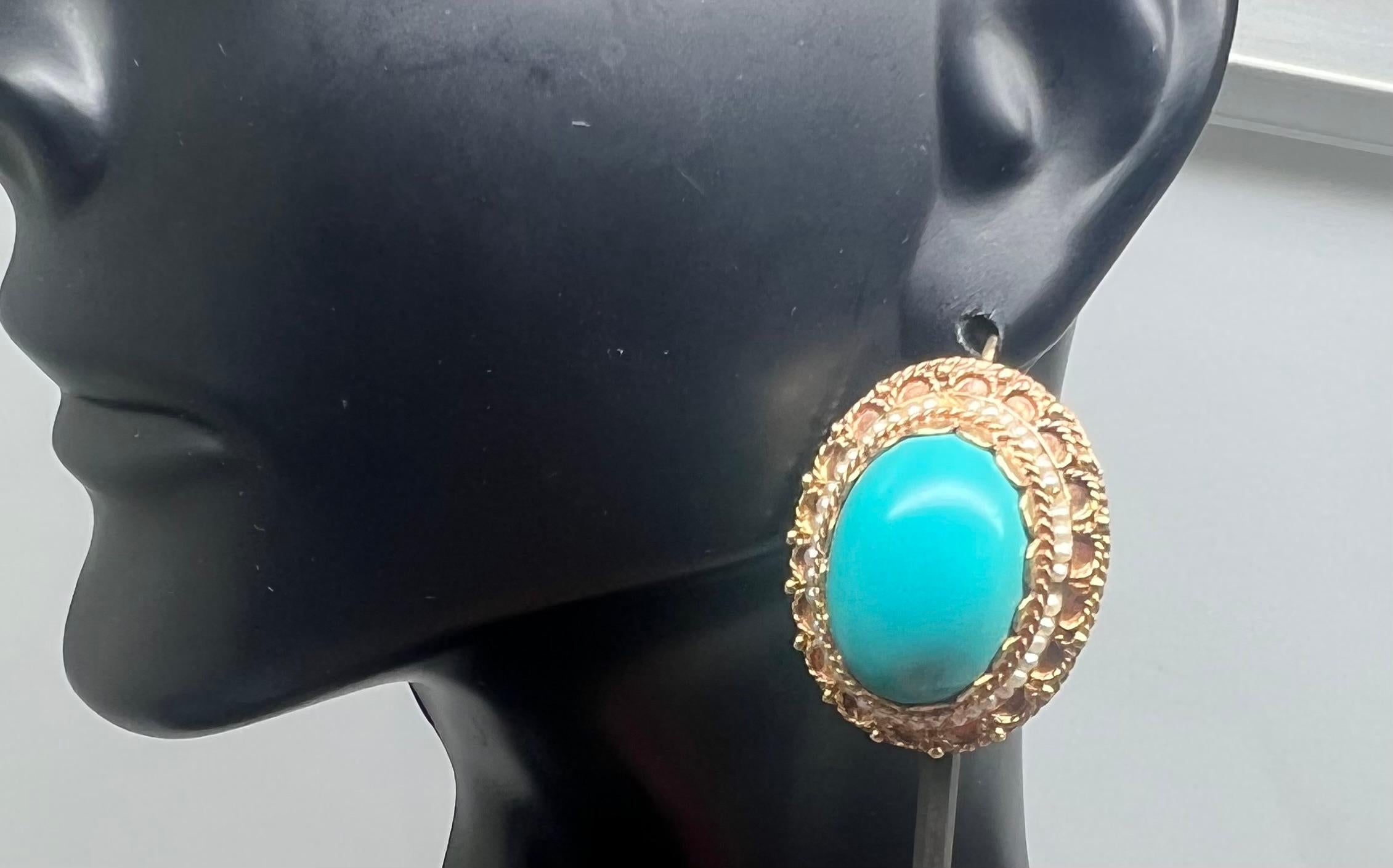 Art Deco Vintage Solid 18K Yellow Gold Turquoise Drop Earrings