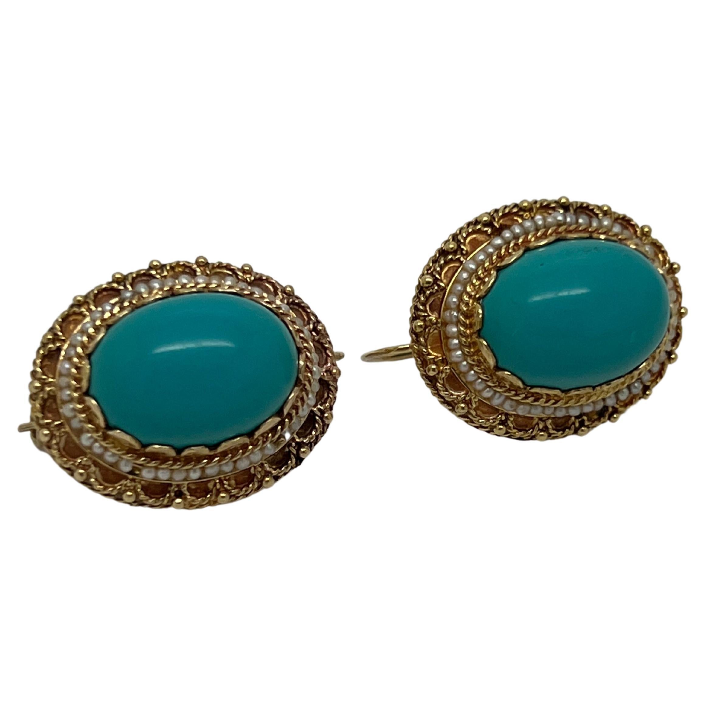 Vintage Solid 18K Yellow Gold Turquoise Drop Earrings
