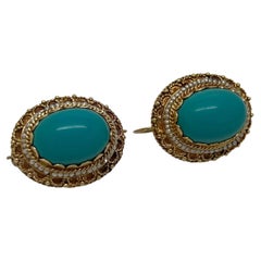 Vintage Solid 18K Yellow Gold Turquoise Drop Earrings