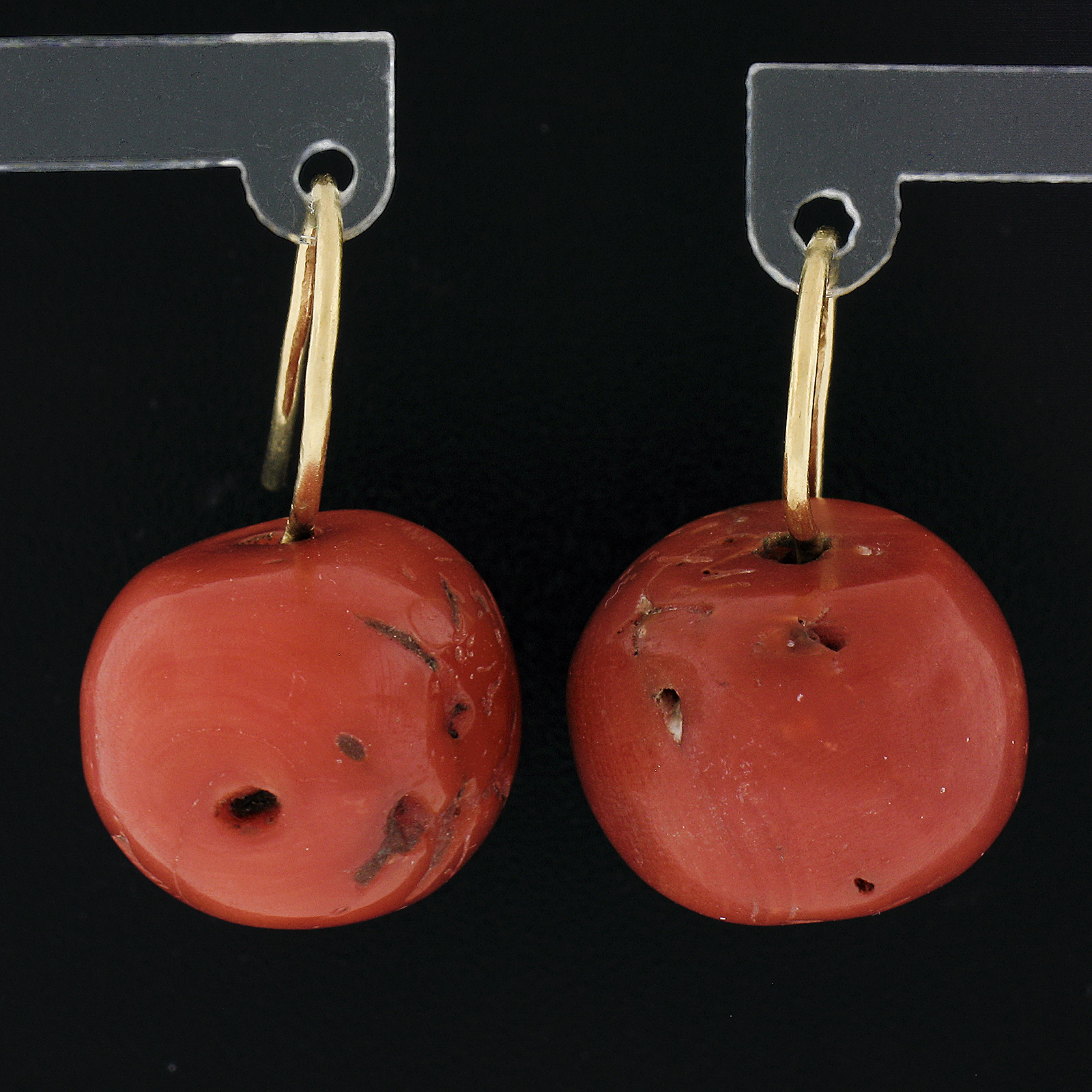 --Stone(s):--
(2) Natural Genuine Corals - Cylindrical Bead Shape - Wire Set -  Red-Orange Color
** See Certification Details Below for Complete Info **

Material: Solid 21k Yellow Gold
Weight: 14.25 Grams
Backing:	Wire Hook Closures (Pierced ears