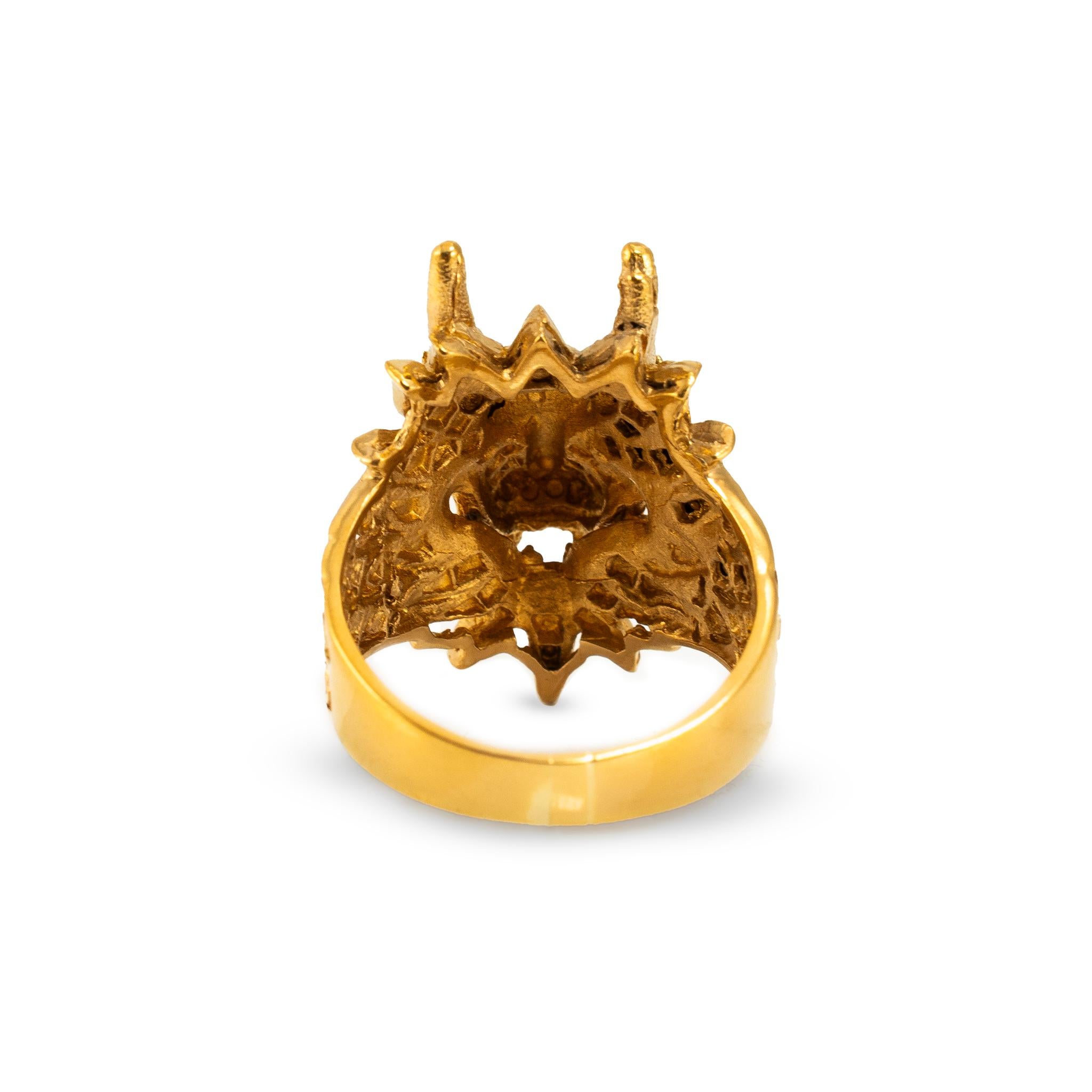 Vintage Solid 24K Gold 9999 Diamond Eyes Carved Dragon Head Cocktail Ring For Sale 1