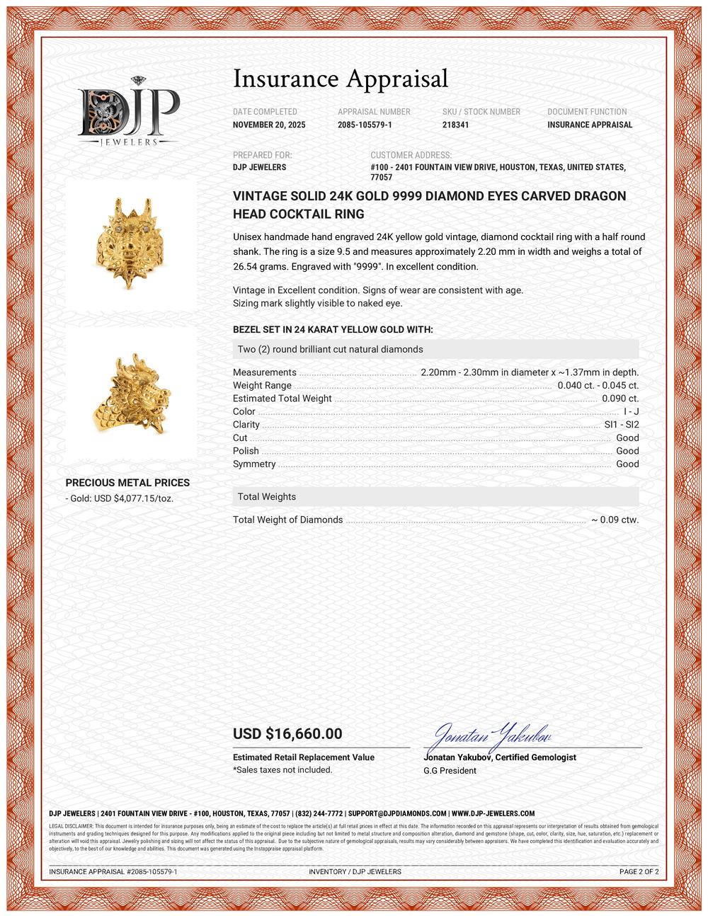 Vintage Solid 24K Gold 9999 Diamond Eyes Carved Dragon Head Cocktail Ring For Sale 4