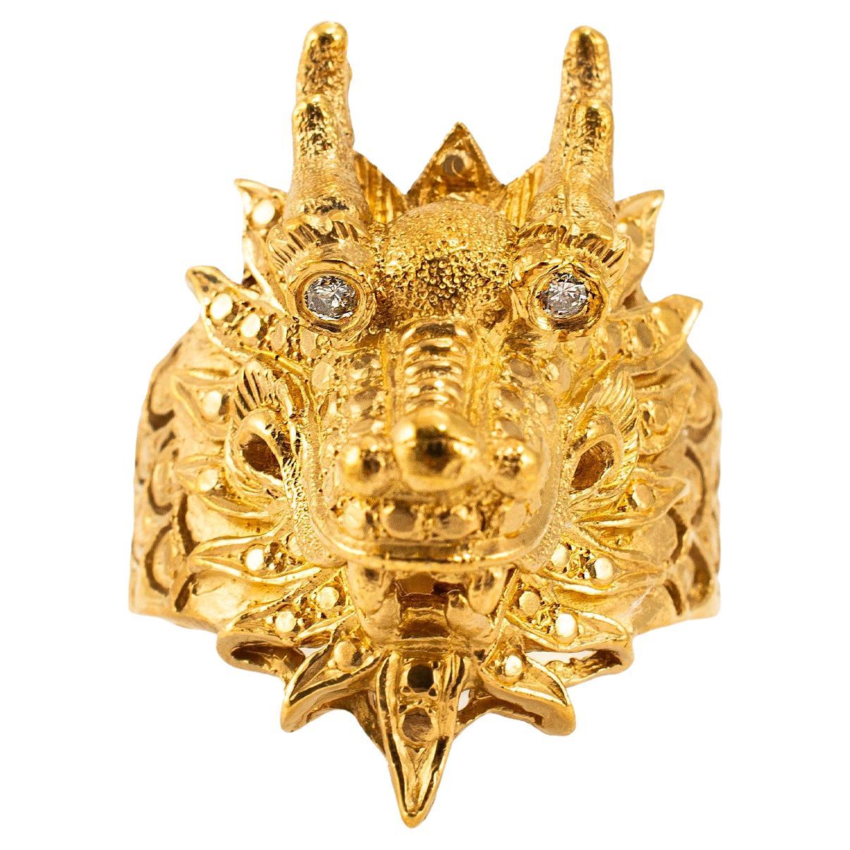 Vintage Solid 24K Gold 9999 Diamond Eyes Carved Dragon Head Cocktail Ring
