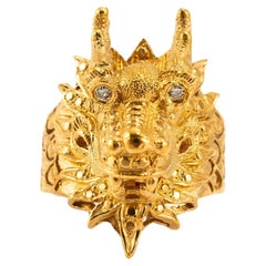 Vintage Solid 24K Gold 9999 Diamond Eyes Carved Dragon Head Cocktail Ring