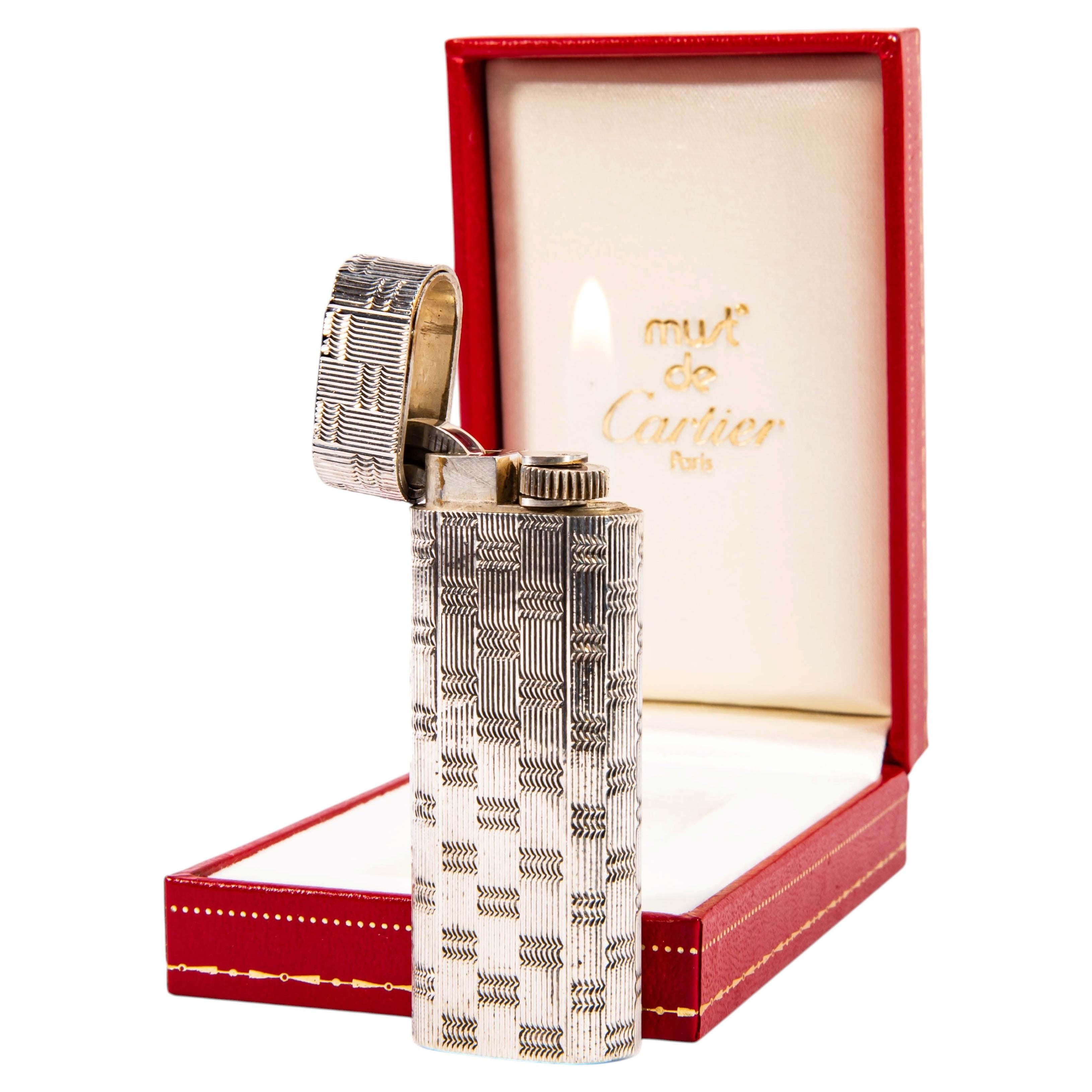 Vintage Solid 800 Silver Jacket Cartier Les Must Lighter in Box 1970s For Sale