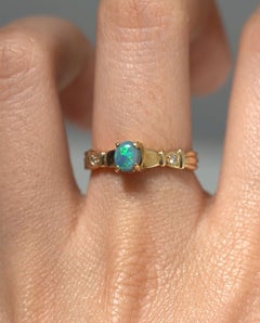 Vintage Solid Australian Black Opal & Diamond 18k Yellow Gold Ring Size K / 5